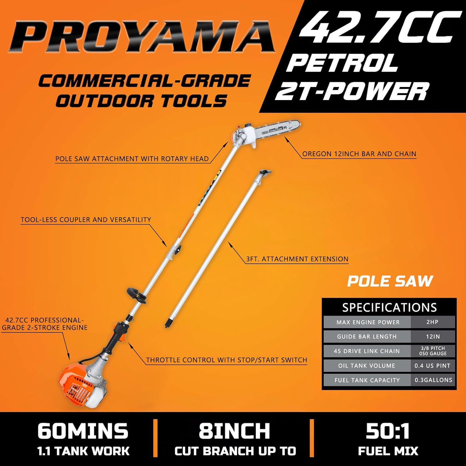 PROYAMA 90-180 Degree 42.7cc Head Adjustable Pole Chainsaw for Tree Trimming with 12 inch OREGON Cutting Bar & OREGON Chain 38-inch Extension for a 15ft Reach Gas Cordless Pole Saw