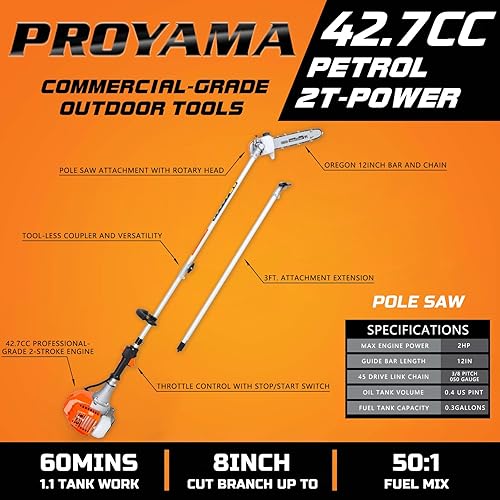 Miniatura 2 de PROYAMA Motosierra de poste ajustable de 90-180 grados de 42.7 cc para poda de árboles con barra de corte OREGON de 12 pulgadas y cadena OREGON de