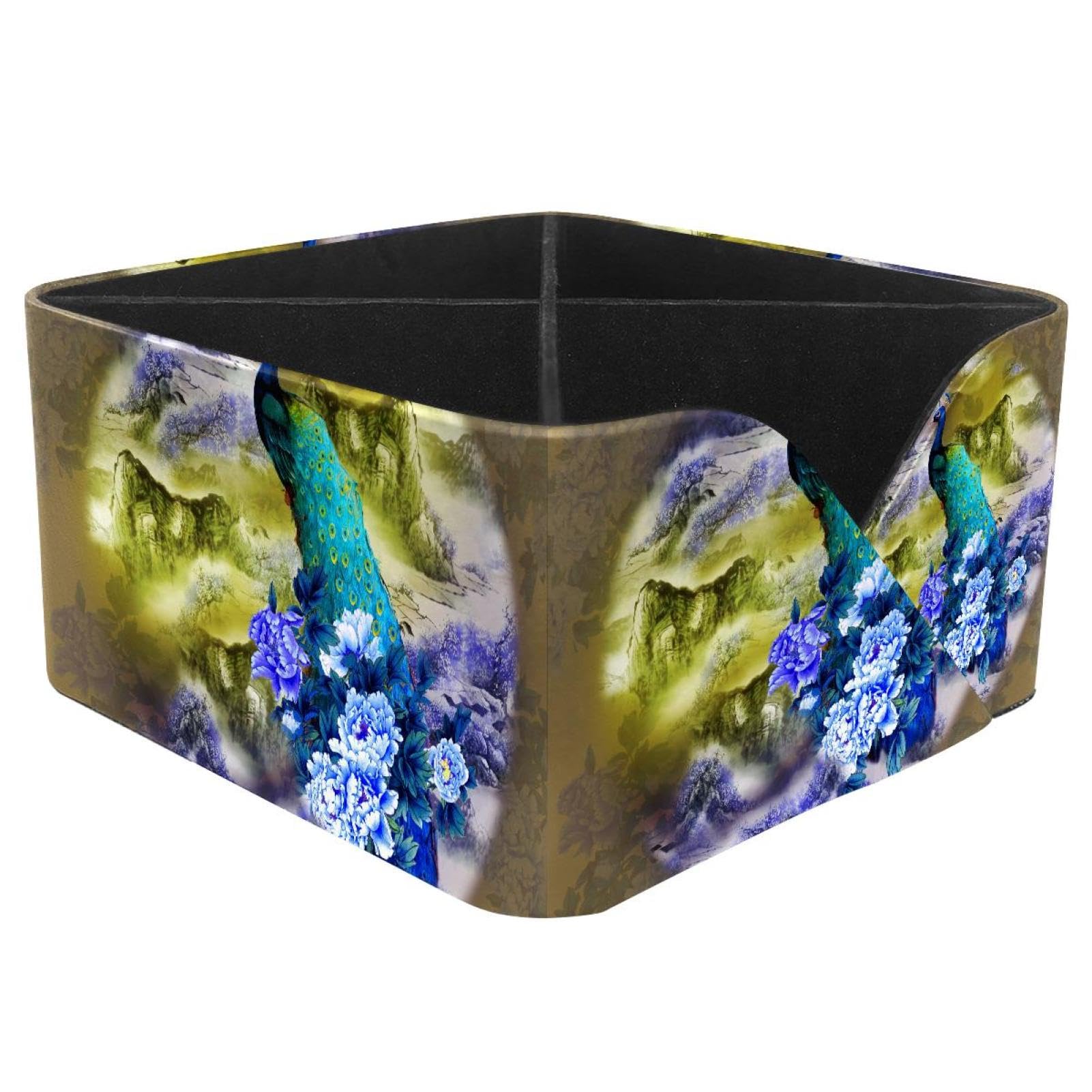 KengjuTesu Peacock and Peony Desktop Organizer Pen Holder, Rectangular Pencil Cup for Office, Study and Makeup Stations