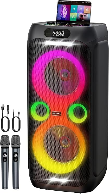 Karaoke Machine for Adults 24 Hour Non-Stop Big Party Speaker Bass Boost w/Double 8" Woofer Portable Bluetooth Speaker, 2 Wireless Microphone, DJ Mode/AC Power/Guitar Input