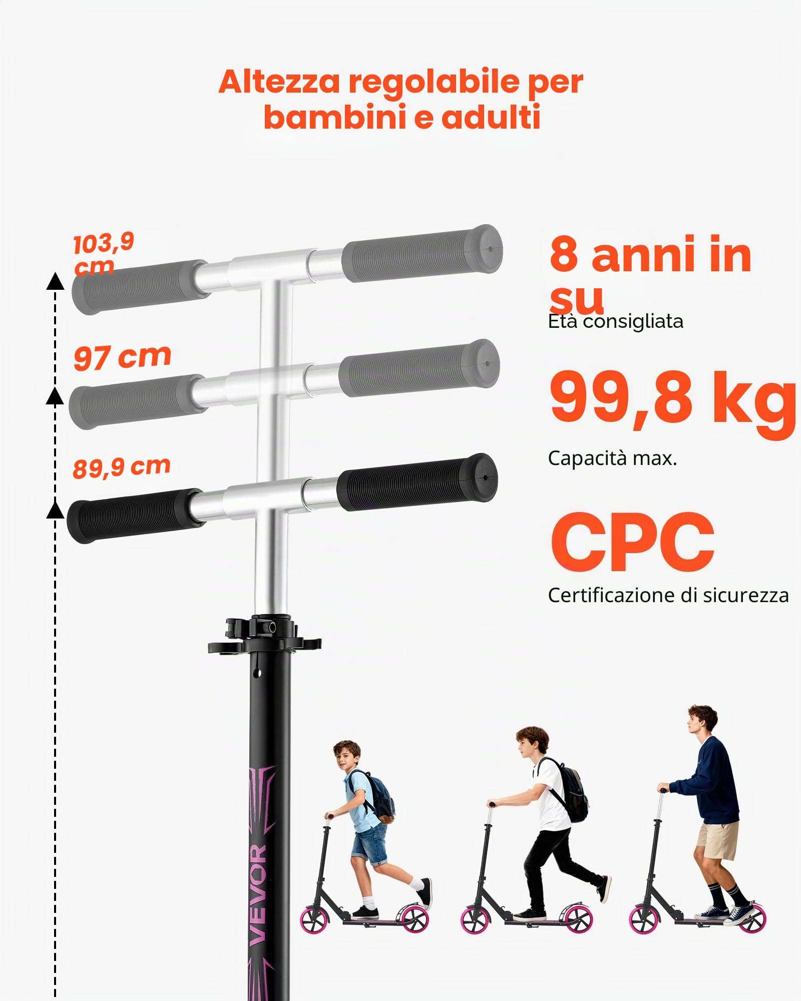 VEVOR Monopattini a Spinta, Monopattino con Freno a Pedale a 2 Ruote con Manubrio Regolabile Pedana Antiscivolo, Pieghevole e Leggero Fino a ca. 99,7 kg per Adolescenti e Adulti, Rosa