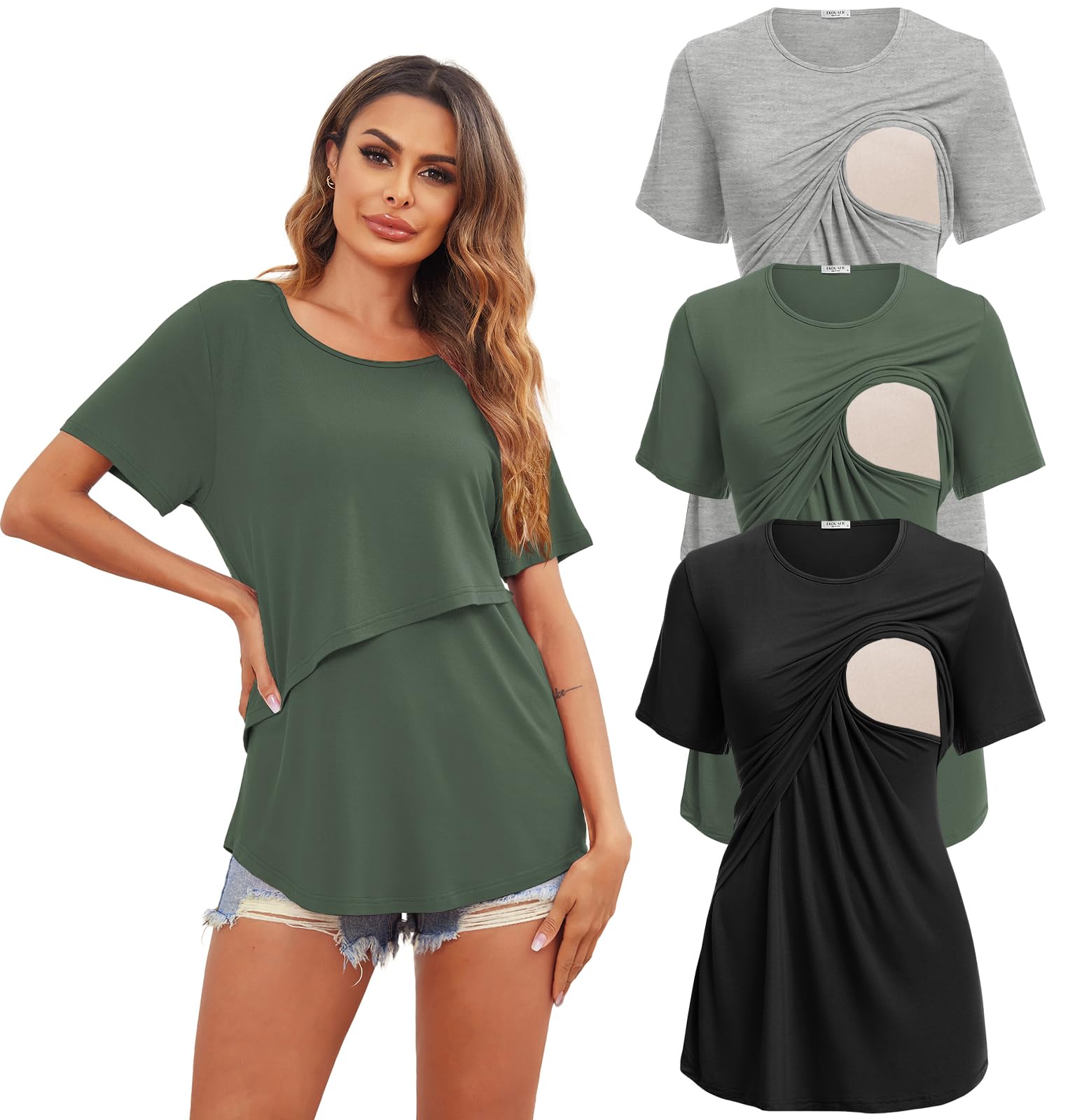 Ekouaer Stillshirt Model Umstandsmode 1er/3er Pack Weich Kurzarm Sommer Still Tshirt Stilloberteile Damen Stilltop für Schwangere