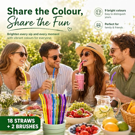 18 Pcs Silicone Straws Reusable, 2 Cleaning Brushes, Soft & Durable