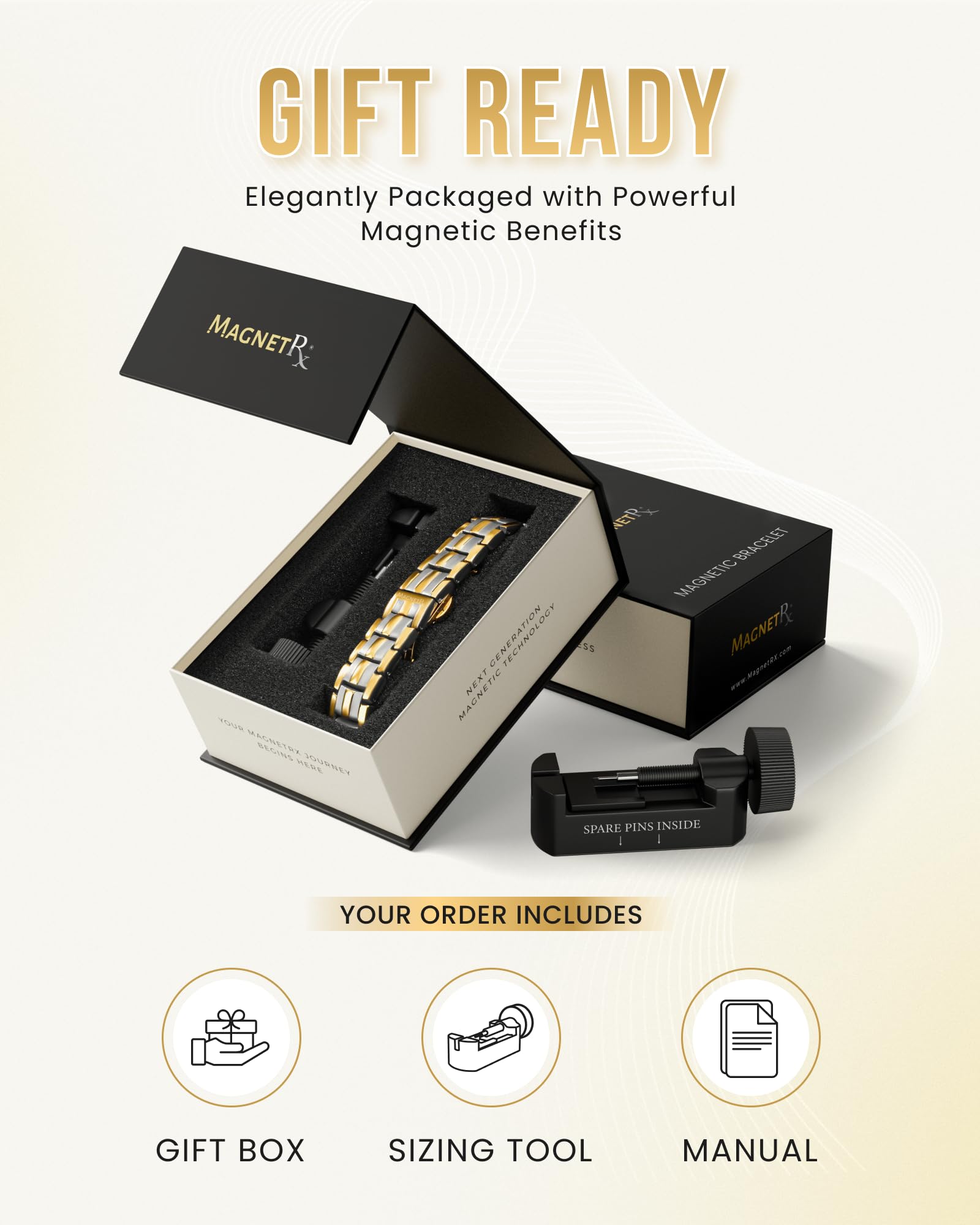 MagnetRX® Magnetic Bracelets for Men - EllipseMAX 5X Strength 5,000 Gauss Magnets - Designed in USA & Patent Pending - Premium Titanium Mens Magnetic Bracelet & Adjustable Length (Silver/Gold)