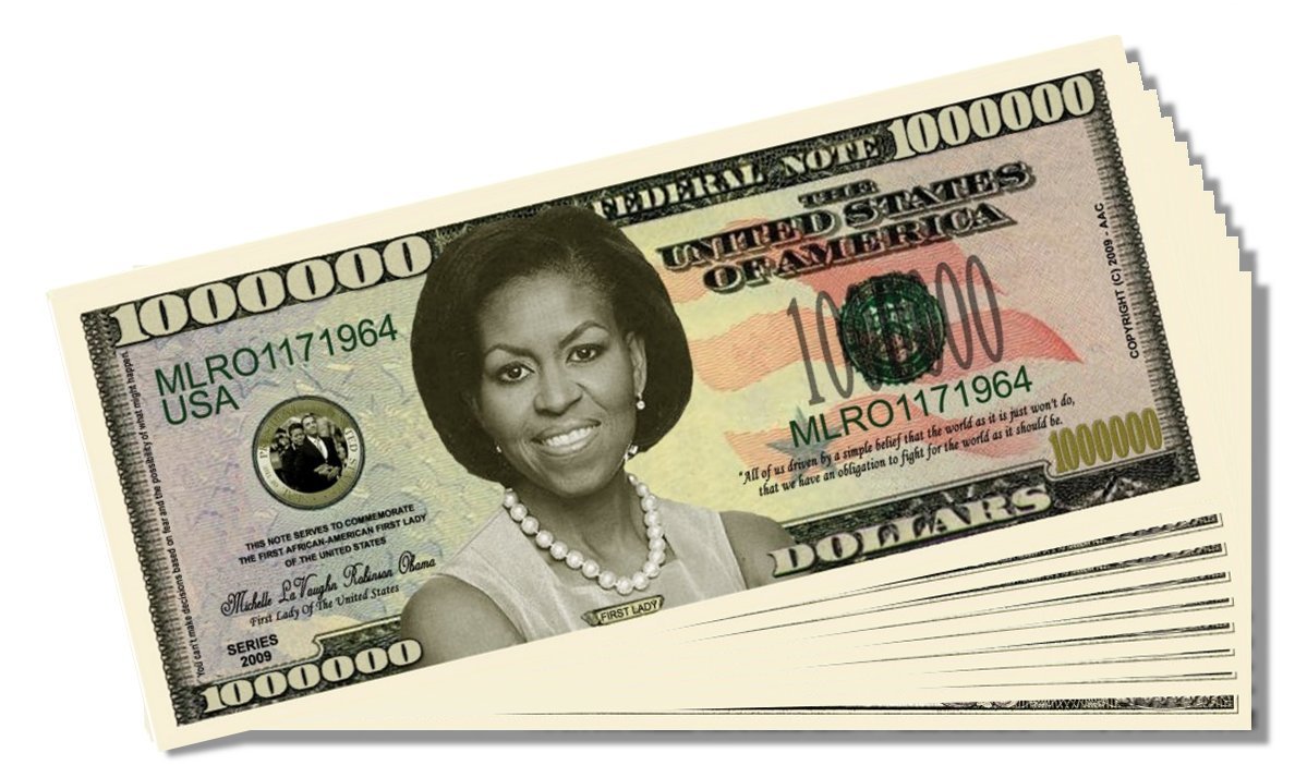 First Lady Michelle Obama Novelty Million Dollar Bill - 10 Count with Bonus Clear Protector & Christopher Columbus Bill