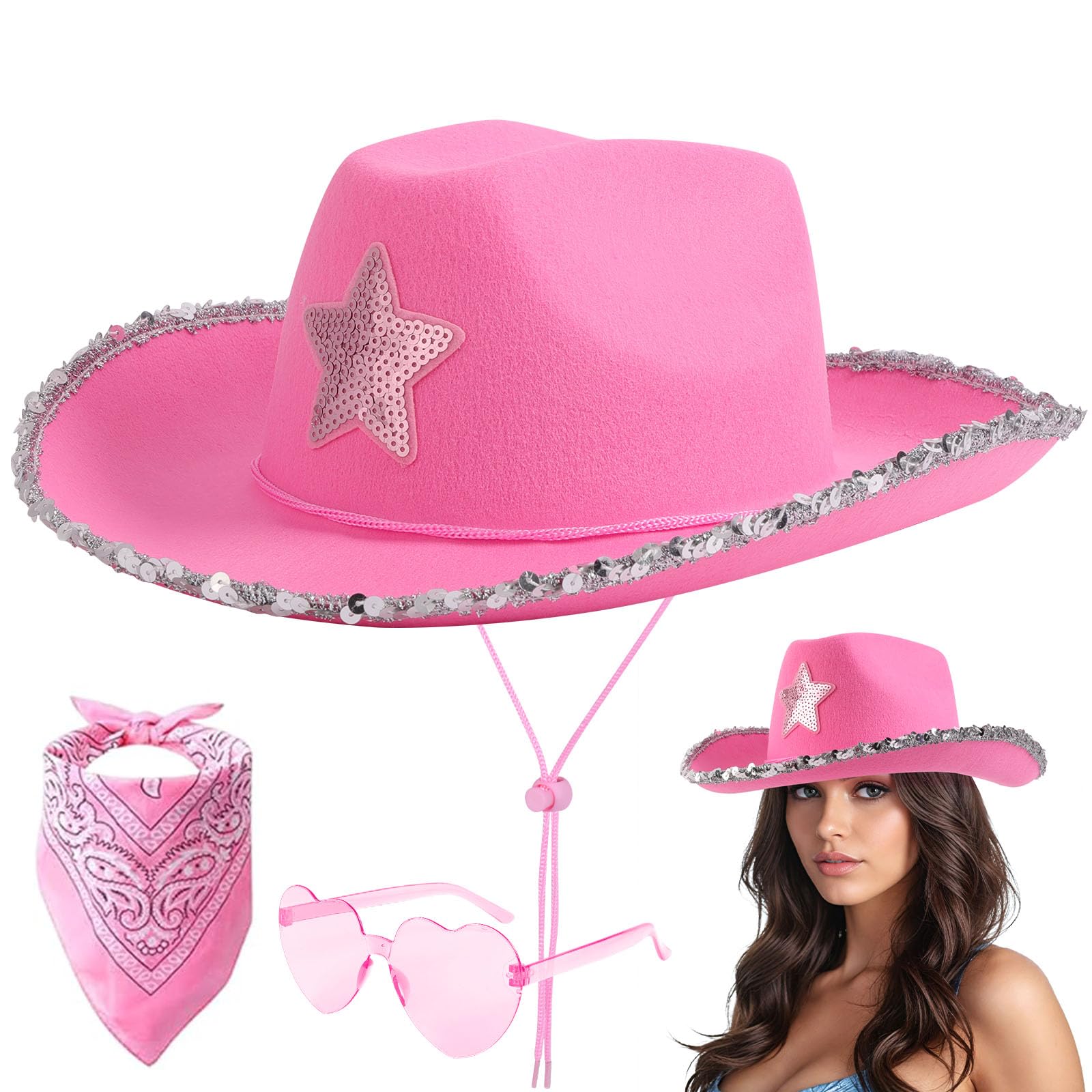 Aomig 3Pcs Cowboy Hat Fancy Dress Accessory, Cowboy Costume Set with Paisley Bandanna and Glasses, Western Cowboy Fancy Dress Costume for Birthday Halloween Bachelorette Bachelor Party Cosplay(Pink) โ image 1