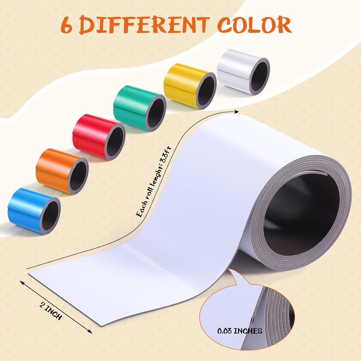 Crtiin 6 Rolls Dry Erase Magnetic Tape Adhesive Colored Magnetic Strips Roll Blank Sentence Labels Writable Stickers for Whiteboards Classroom DIY Crafts(Colorful,2 Inch X 3.3 ft)