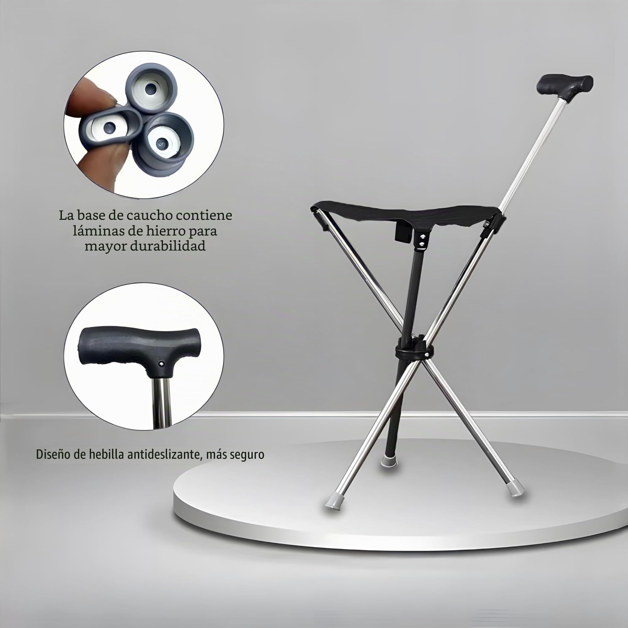 Asiento plegable 2 en 1, muletas con asiento, fabricado en acero inoxidable con una capacidad de peso de hasta 150 kg, está diseñado para ser ligero y portátil