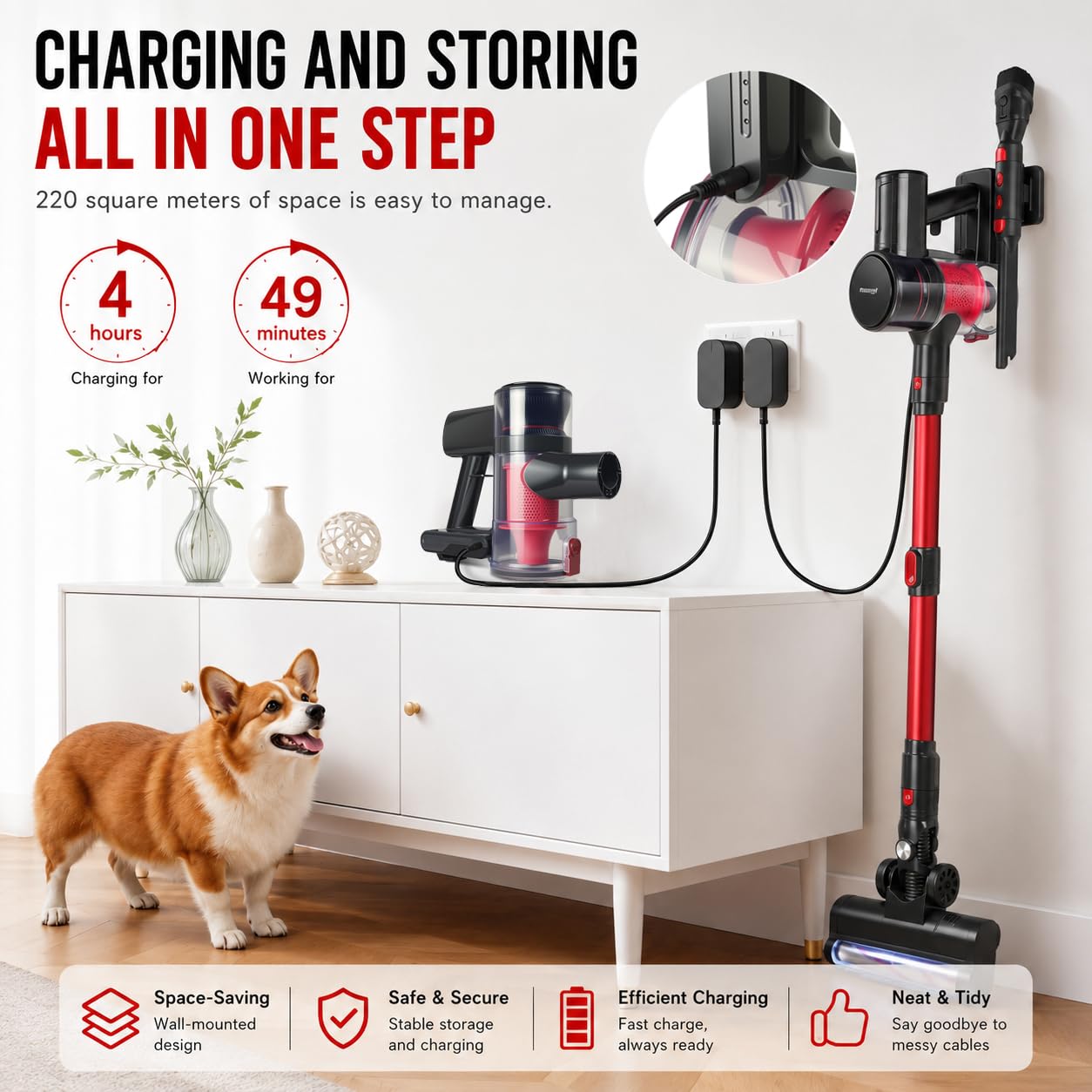 Aspirateur Balai sans Fil 4-en-1, 150W, 6 * 2200mAh, 49 Min d’Autonomie, LED, 2 Vitesses, Ultra Léger, Réservoir 1L, pour Tapis Sols Durs Poils d’Animaux Voiture - Gris (Rouge et Gris) (Rouge et Gris)