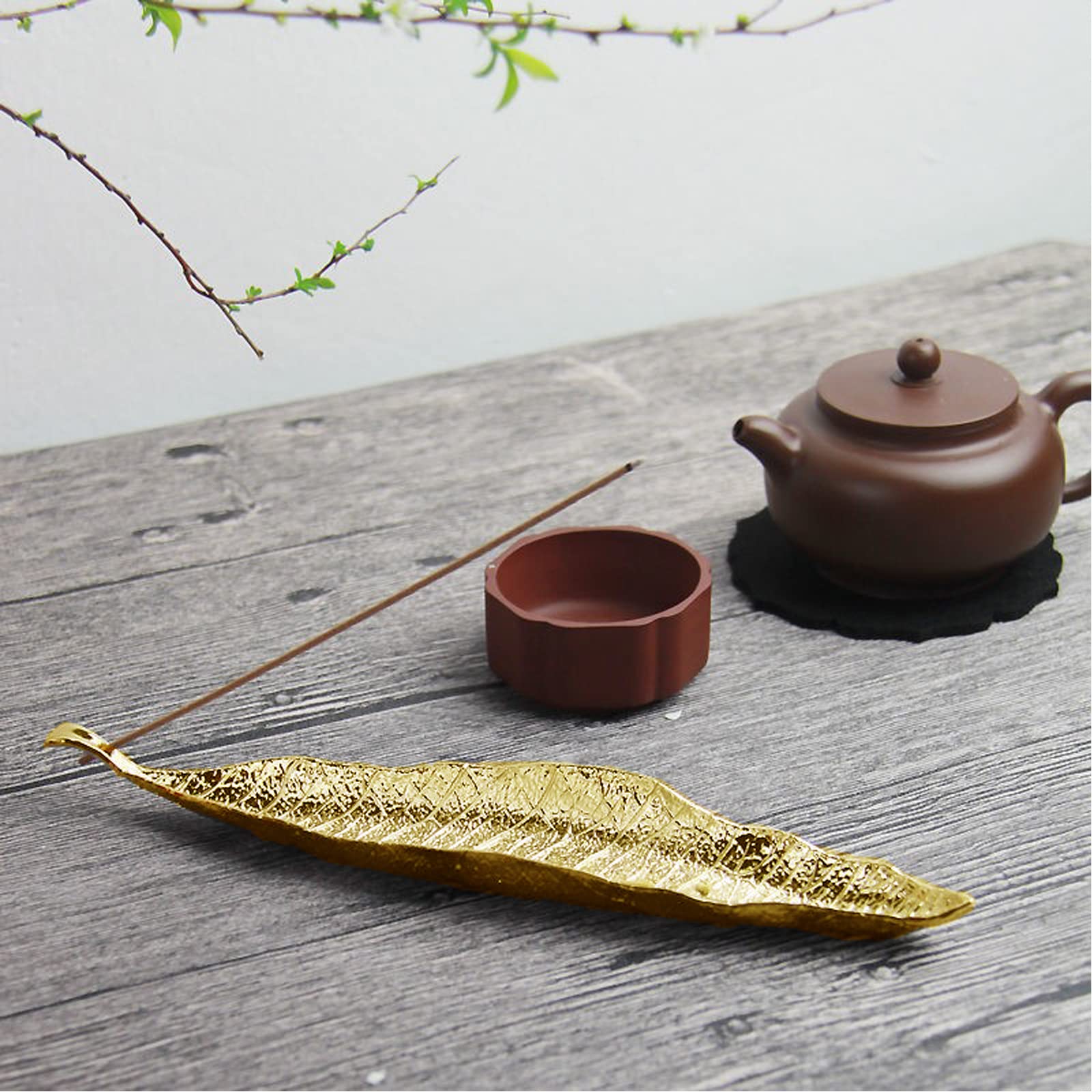 Wierookstokjeshouder, 26 cm, metalen bladeren, ascatcher, wierookstokjeshouder, lange wierookbrander voor wooncultuur, yoga, meditatie, kantoor, wierookkegelhouder