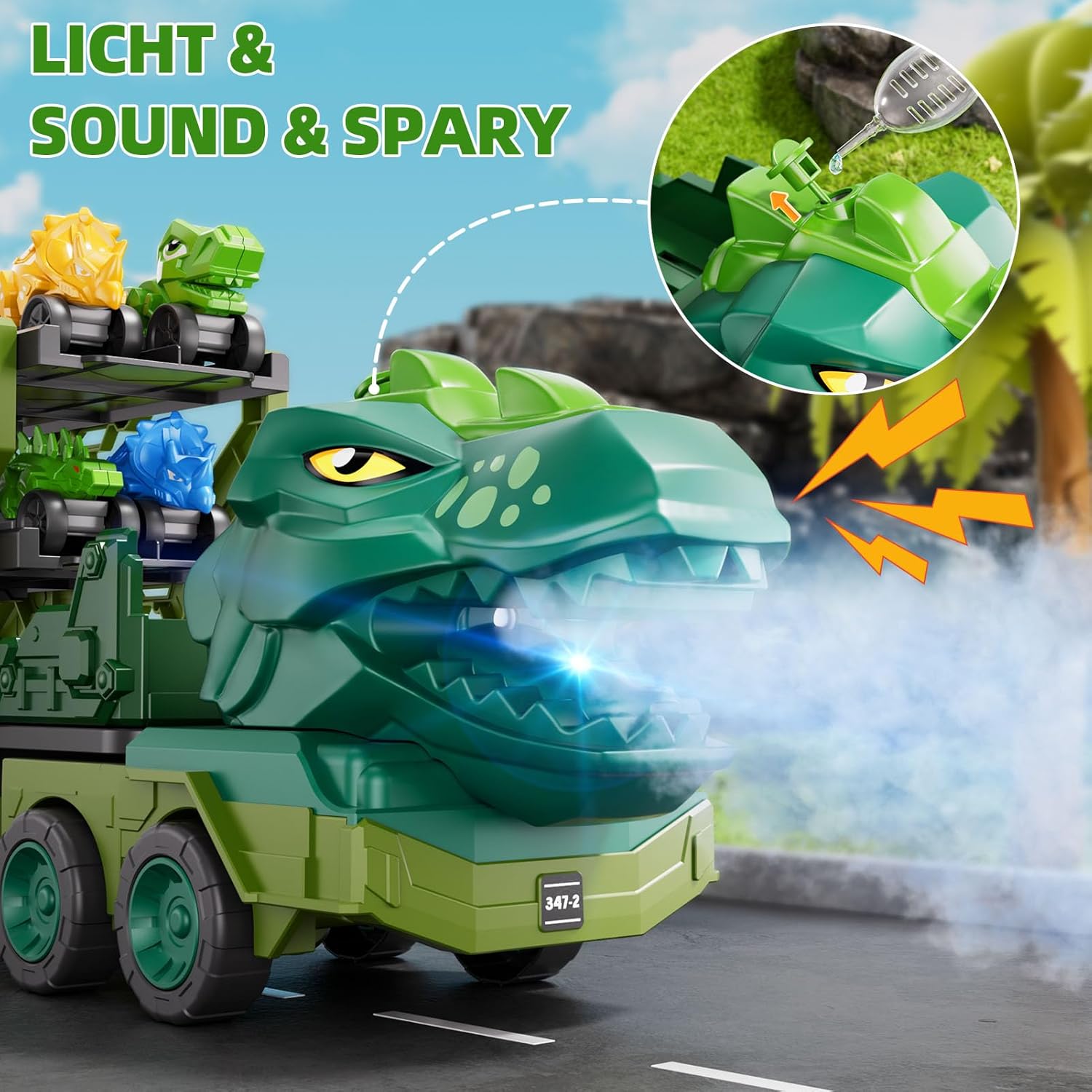 IHAHA 10 in 1 Dinosaur Truck Toys with 9 Dino Cars for Kids 3-5 Years, Dino Carrier Truck with Foldable Track, Spray, Light & Sounds, Birthday Gifts for Toddlers Boys Girls 3 4 5 6 7 8 Years Old