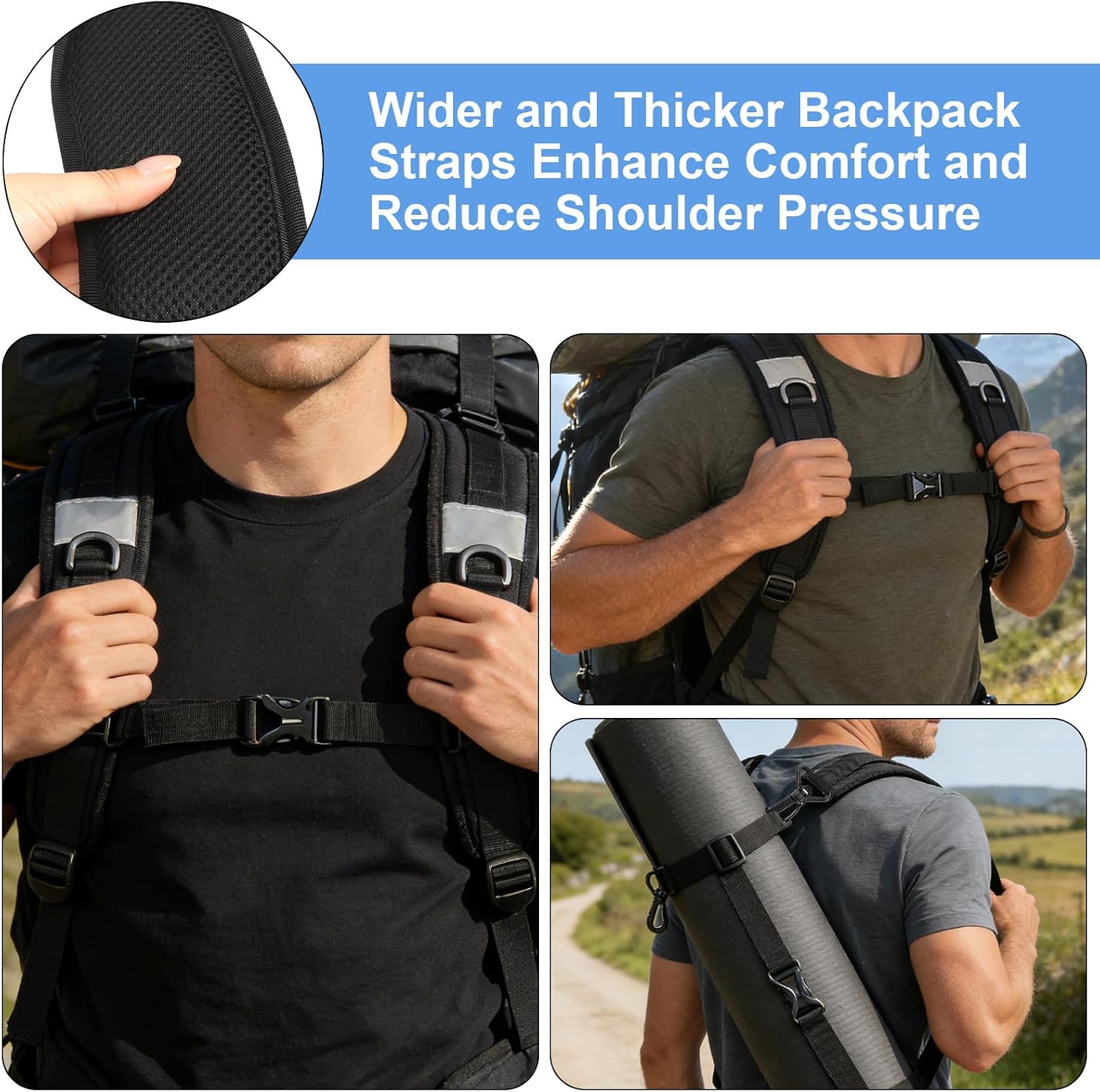 Backpack Straps, Adjustable Backpack Shoulder Strap, Replacement Padded Shoulder Strap with Metal Clips for Shoulder Bag Backpack Dry Bag(Black)