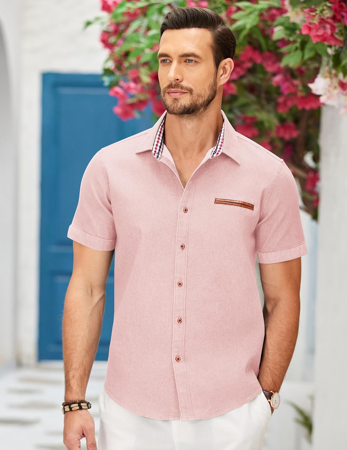 COOFANDY Men's Cotton Casual Short Sleeve Button Down Shirt Plaid Collar Denim Work Shirts - Image 2