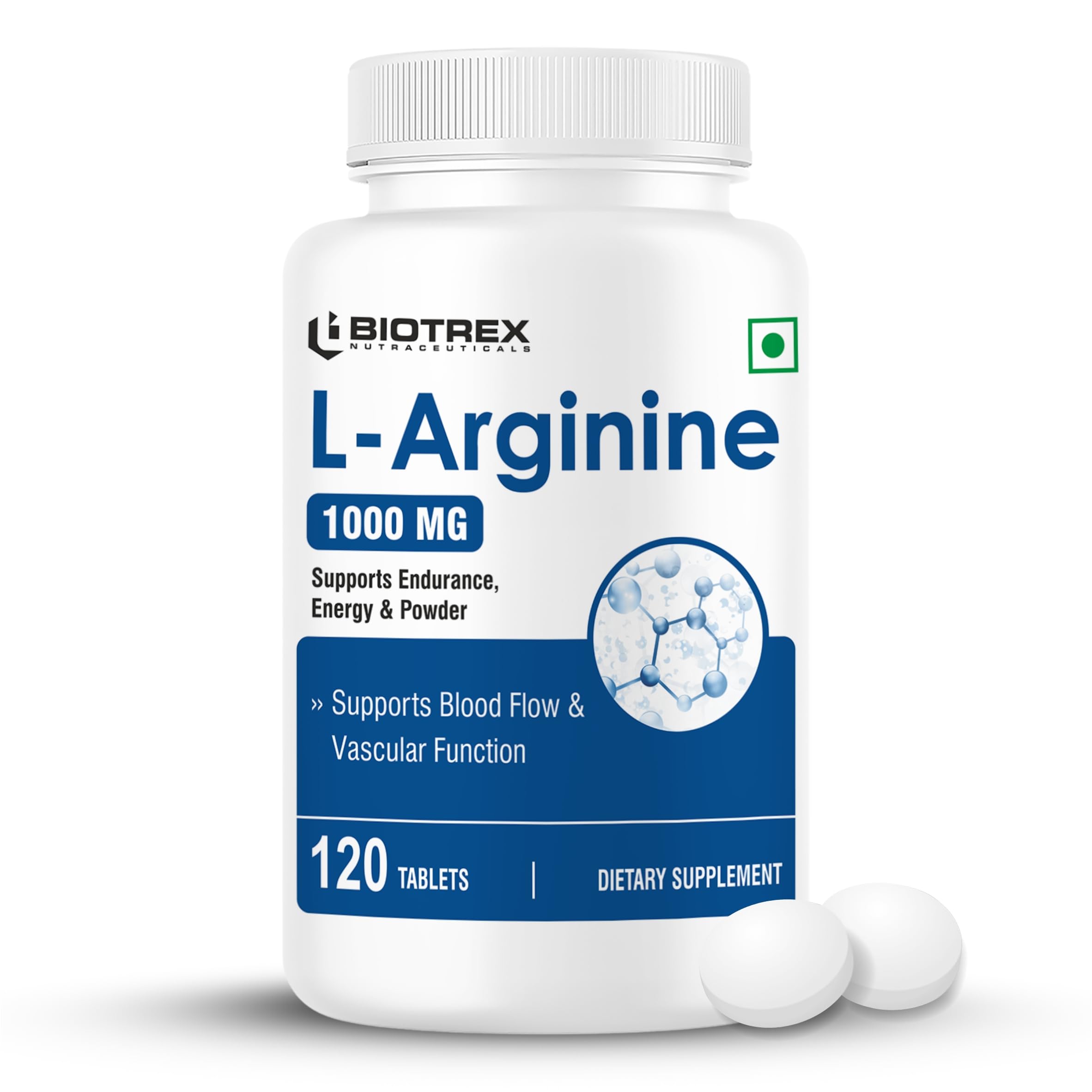Biotrex Nutraceuticals L-Arginine 1000mg Supplement, Nitric Oxide Production & Muscle Growth - 120 Tablets