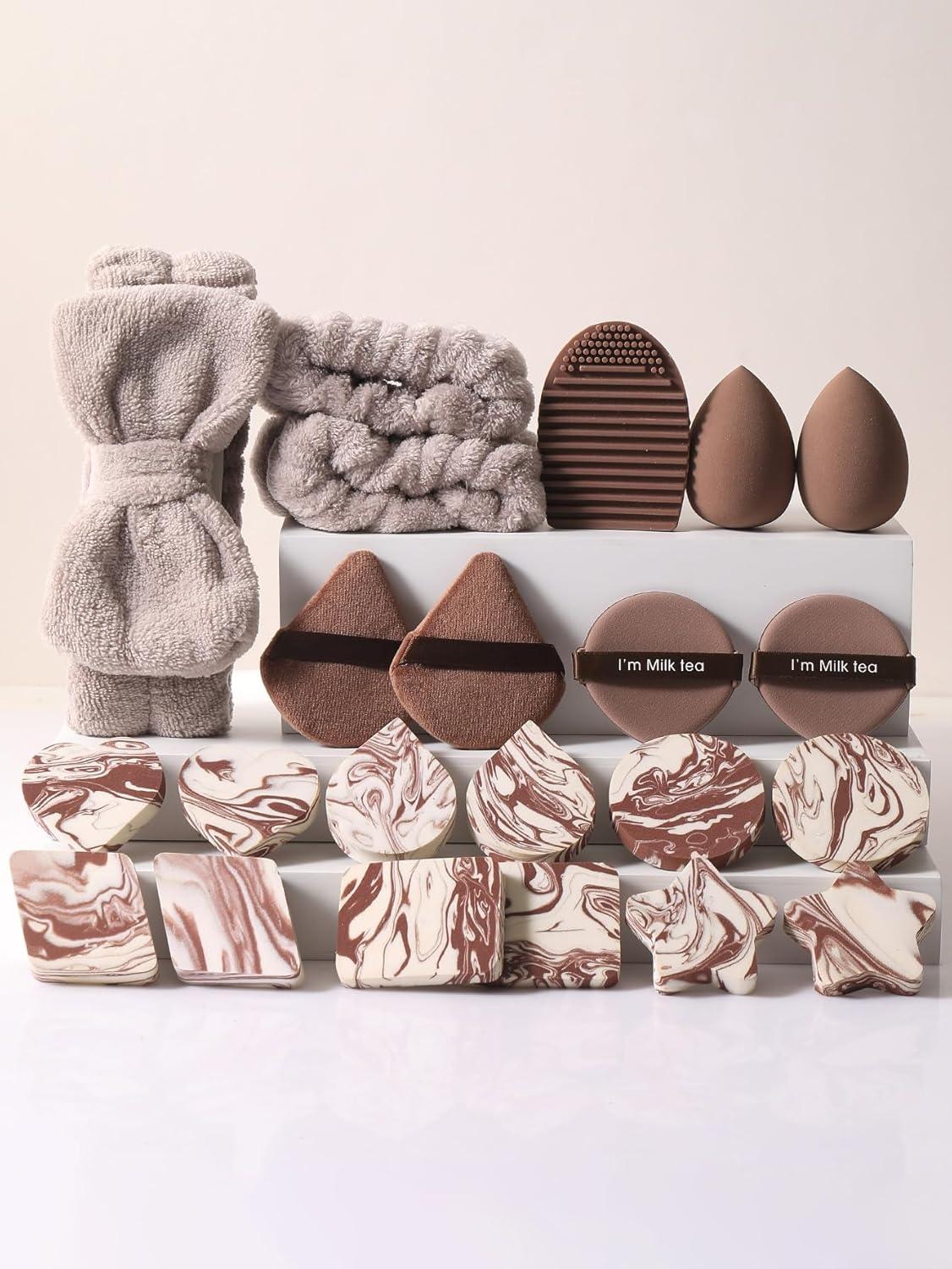 Kit de ferramentas de maquiagem com 22 peças, 1 faixa de cabeça de arco de spa e 2 peças, conjunto de pulseiras, esponja de maquiagem em pó