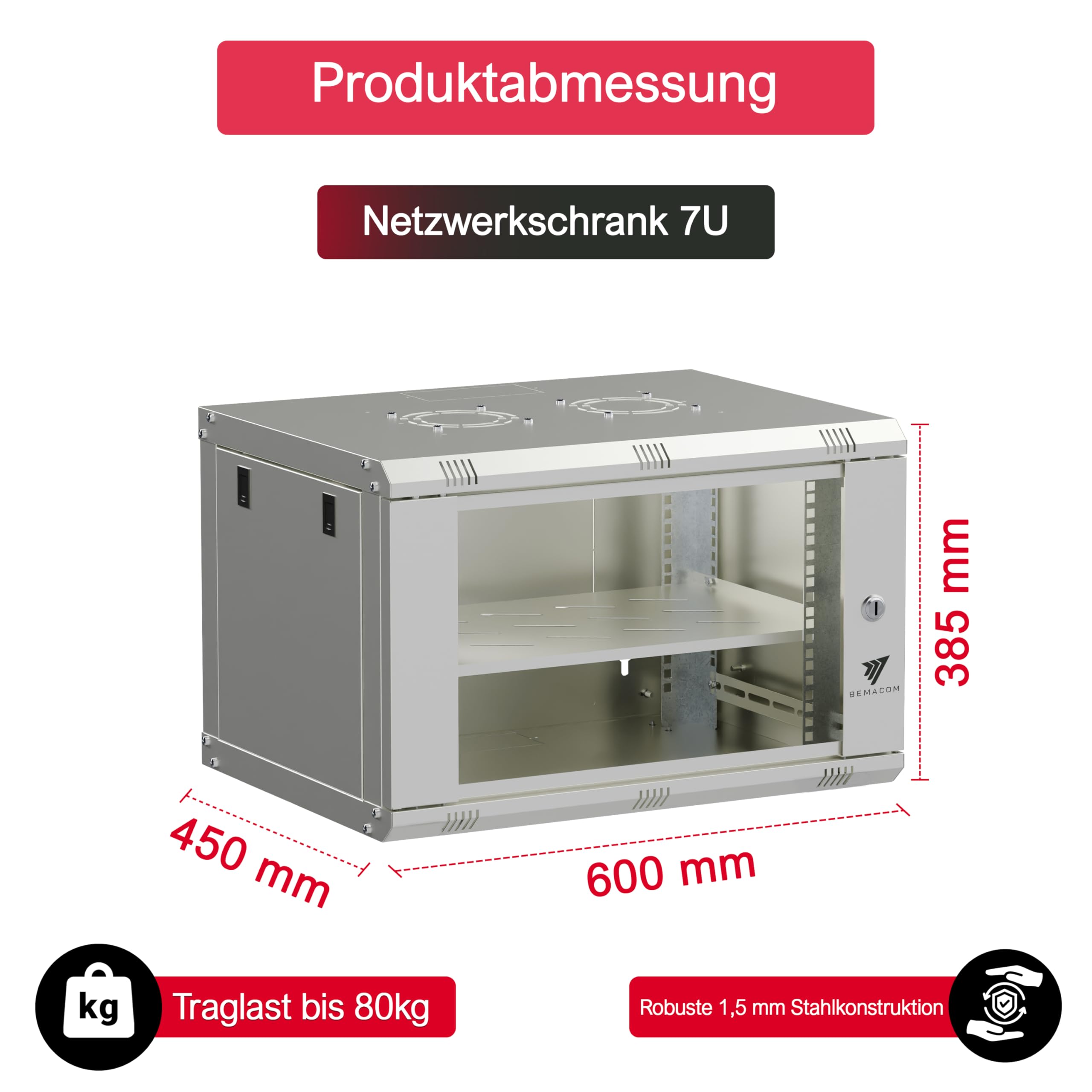 Netzwerkschrank 19 Zoll Serverschrank Pro Serie 7HE, Server Rack für Wandmontage EDV Schrank 19 Zoll Gehäuse mit Traglast 60kg, 600x450x385 mm Grau, mit Glastür + abschließbar RAL 7035
