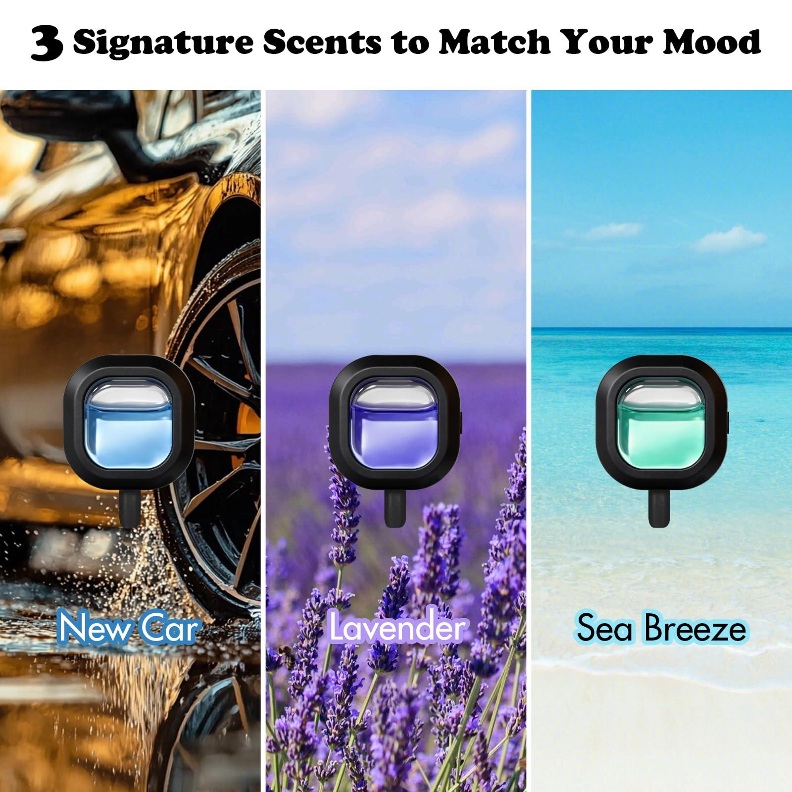 DERDUFT Car Air Freshener Vent Clip Kit – 3 Diffusers & 12 Refills, Long Lasting Car Fragrance for Daily Commute & Road Trips, Reusable Leakproof Vent Air Freshener, New Car, Lavender, Sea Breeze - 3