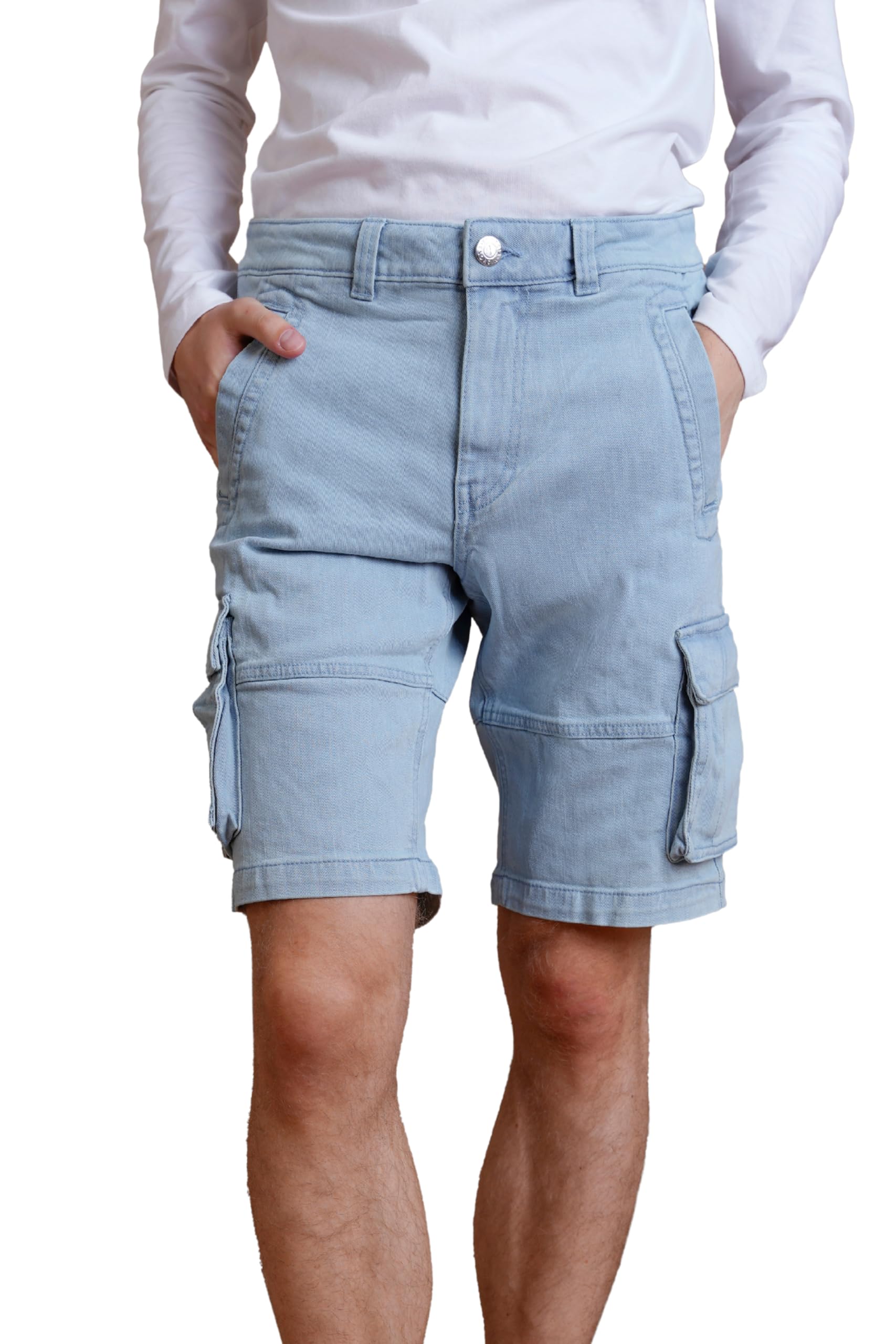 Enorsia Mens Blue Denim Cargo Shorts – Stretch Vintage Wash Jean Shorts with Multiple Pockets, Button & Zip Fly, Belt Loops – Casual Summer Workwear (38, Light Blue)