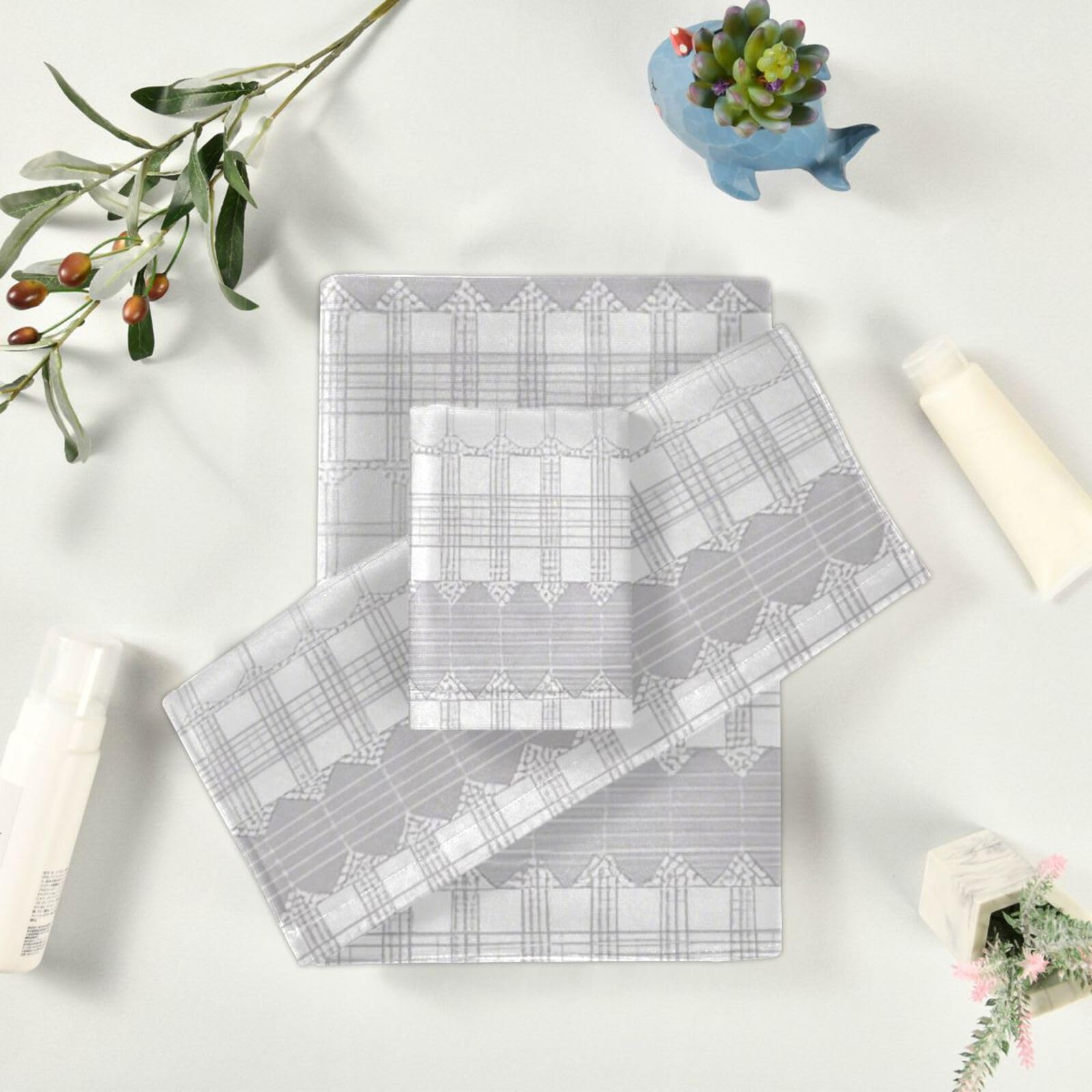 Set di 3 asciugamani decorativi per il viso a righe grigie graziose, 1 asciugamano da bagno, 1 asciugamano per le mani, 1 panno per la casa, cucina e famiglia
