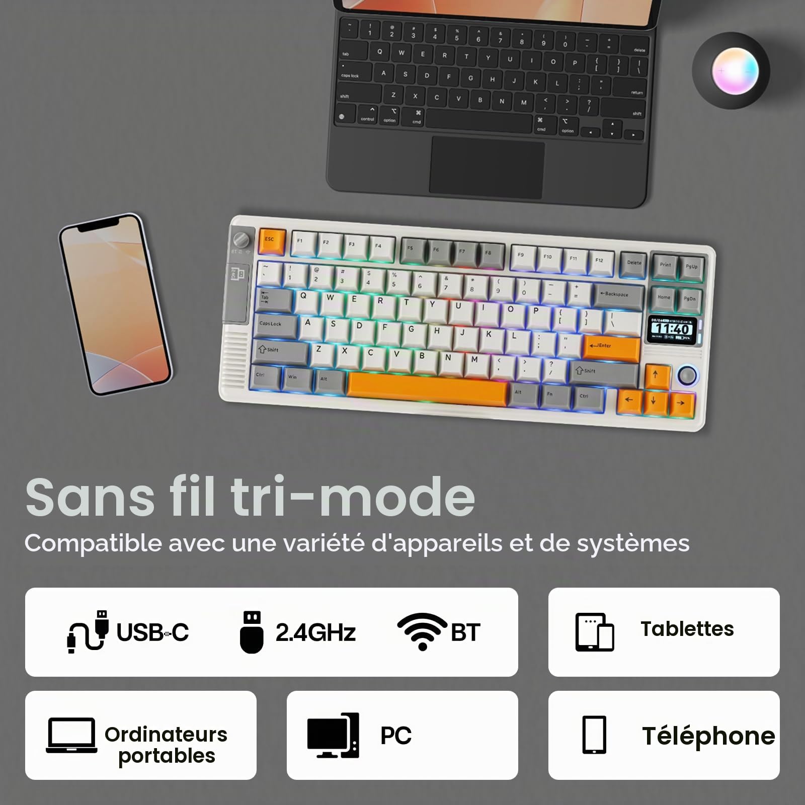 EPOMAKER RT85 Clavier Mécanique sans Fil avec Joystick & Écran DIY, 8000mAh, BT/USB/2.4Ghz, Gasket, Hot-Swap, Touches PBT, Clavier Gaming 75%, US QWERTY (Blanc, Switch Cristal Tactile)
