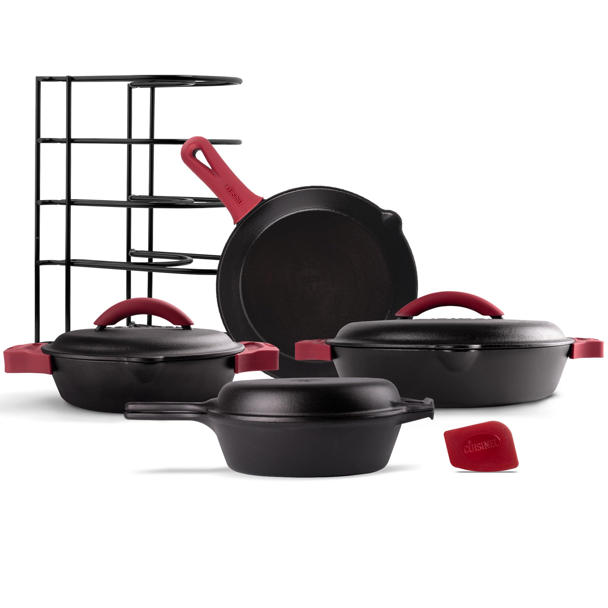 Cuisinel Cast Iron 16-Piece Pre-Seasoned Cookware Set - 8" + 12" Braiser Pans + Cast Iron Lids + 10" Skillet + 2-in-1 Multi-Cooker + 12" Organizer + Scraper + Silicone Handle Covers - Fire, Oven Safe