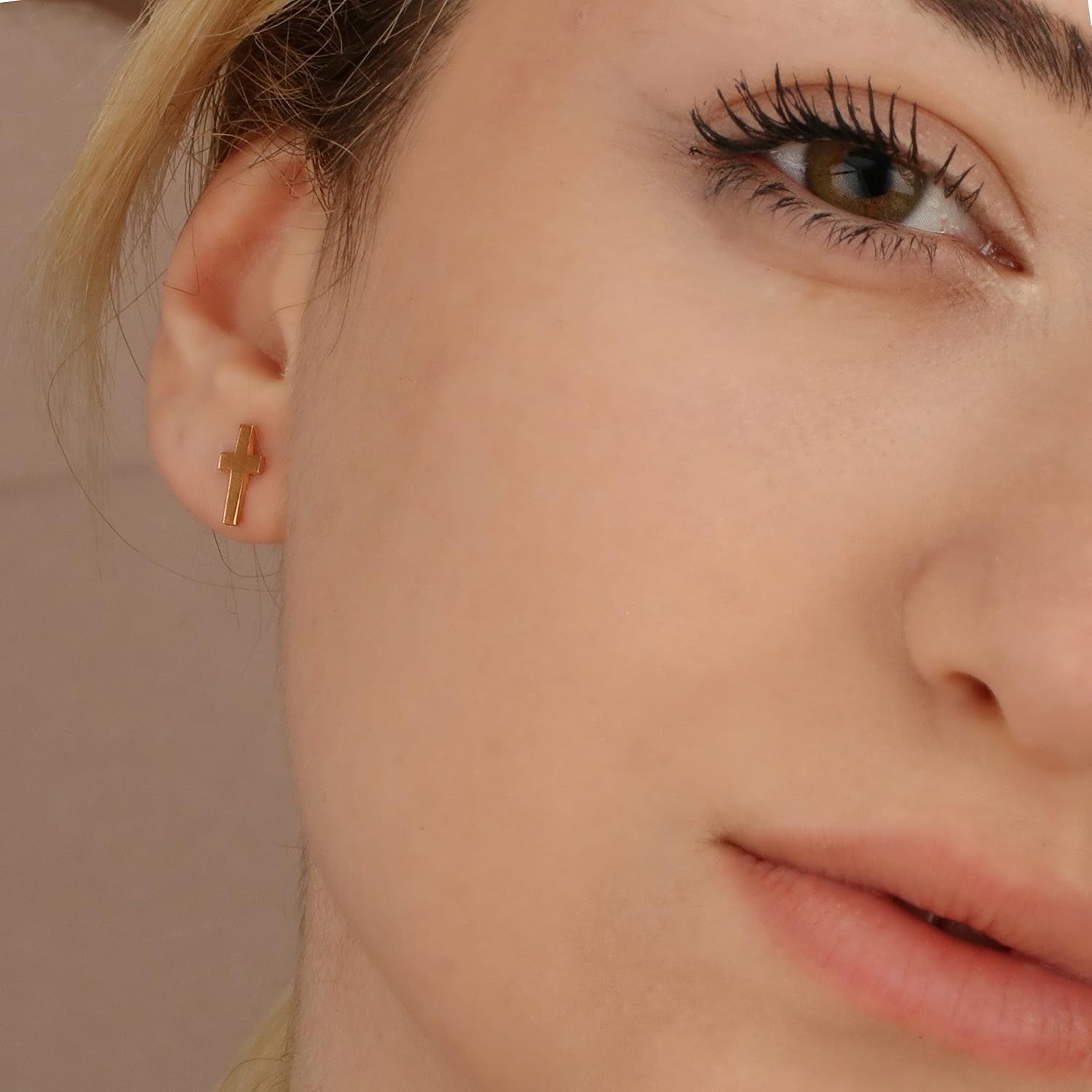 Rose Gold Filled Cross Stud Earrings – 925 Sterling Silver Christian Religious Jewelry for Women