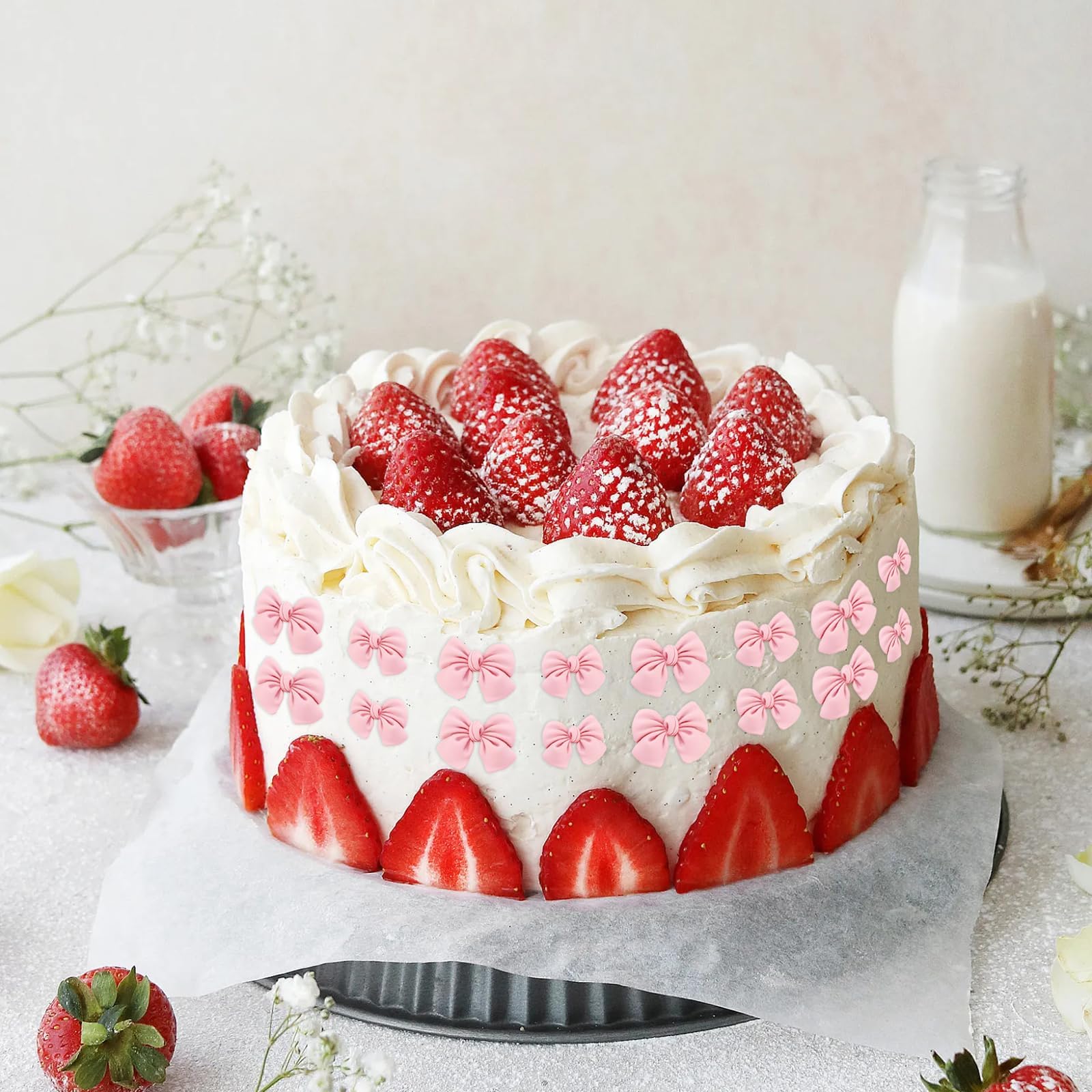 BOXOB 24 Pezzi Decorazioni Per Cupcake A Forma Di Fiocco – Topper Per Torte Kawaii Rosa Con Bastoncini, Per Feste A Tema Gatto E Compleanni - 2