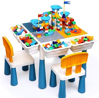 Arscniek 7-in-1 Kids Activity Table & Chair Set with 152pcs Marble Run Blocks, Sand/Water Table for Toddlers 3-7