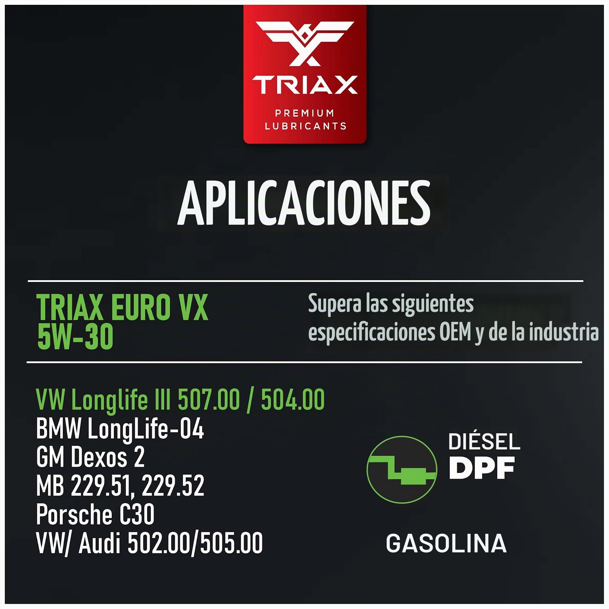 Triax Euro Ultra VX 5W-30 Aceite totalmente sintético, con base de PAO/ésteres, Compatible con VW 507.00/504.00, VW Audi 502.00, 505.01, BMW LL-04, C30, ACEA C3, Mercedes 229.51, 229.5, 229.31