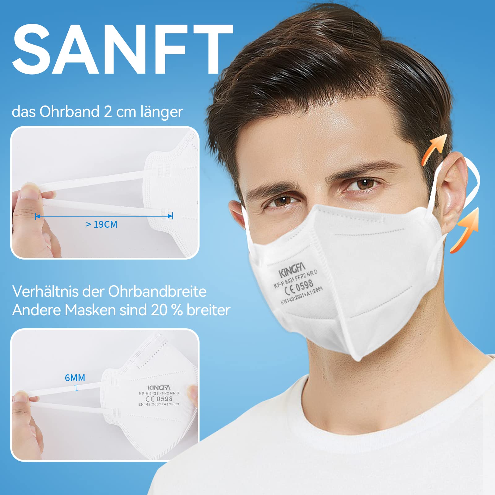 KINGFA FFP2 Maske CE Zertifiziert, Geringer Atemwiderstand, 20% längere Ohrbänder,Brillenträger, 30 Stück Weiß