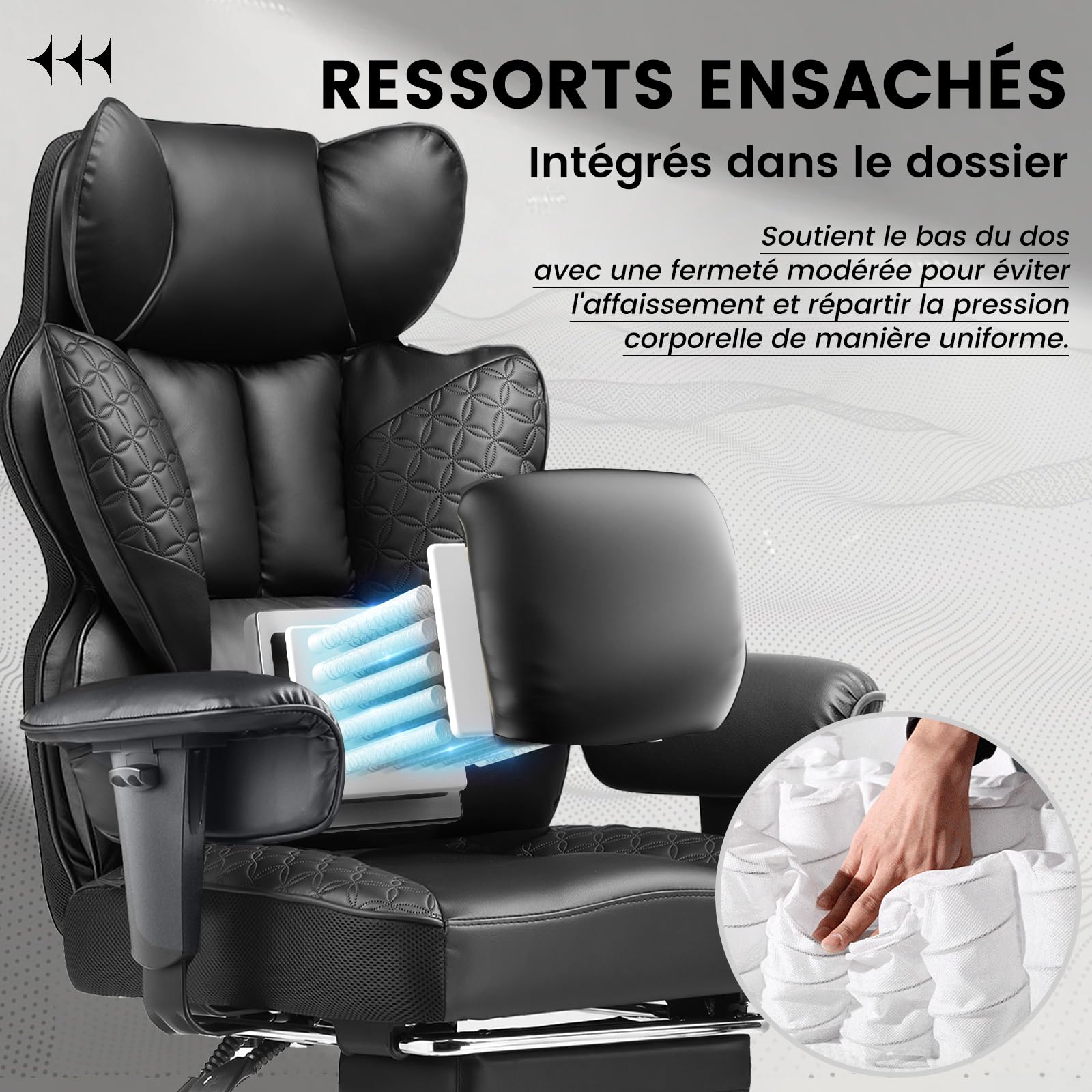COMHOMA Chaise de gaming ergonomique, chaise de bureau avec accoudoirs réglables, soutien lombaire à ressorts pour grandes et hautes personnes, 150 kg, large assise, noir