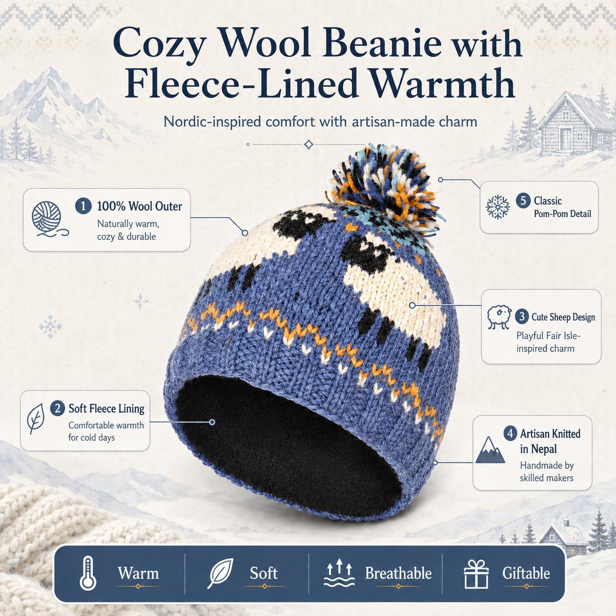 THE COLLECTION ROYAL Handmade Wool Sherpa Beanie Hat, Winter Hat, Cozy Fleece Lined, Knitted, Warmth Head Gear Men and Women