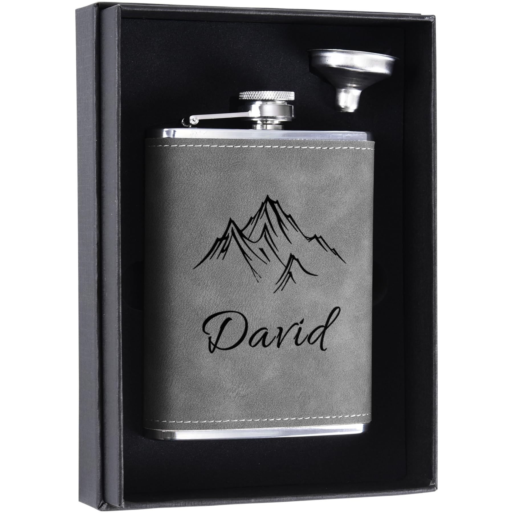 Custom Gift with Mountain Range Icon, 8 oz Personalized Hip Flask for Men, Stainless Steel Engraved Flask for Hunting Travel Hiking Climbing, Grey โ image 1