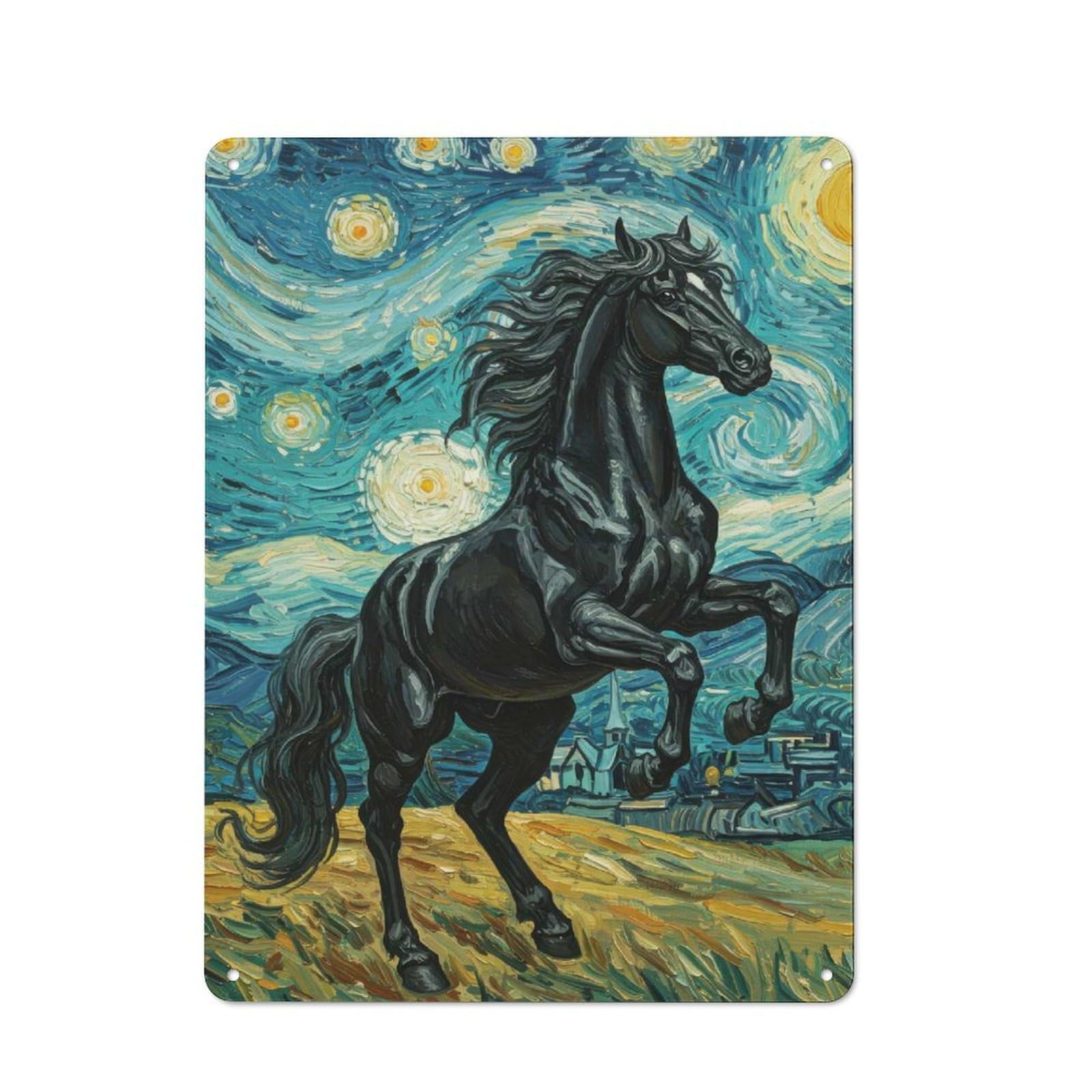 Black Horse in Starry Night Style Vintage Metal Wall Decor 40x30cm, Tin Wall Sign for Restaurant, Kitchen, Counter Or Breakfast Nook