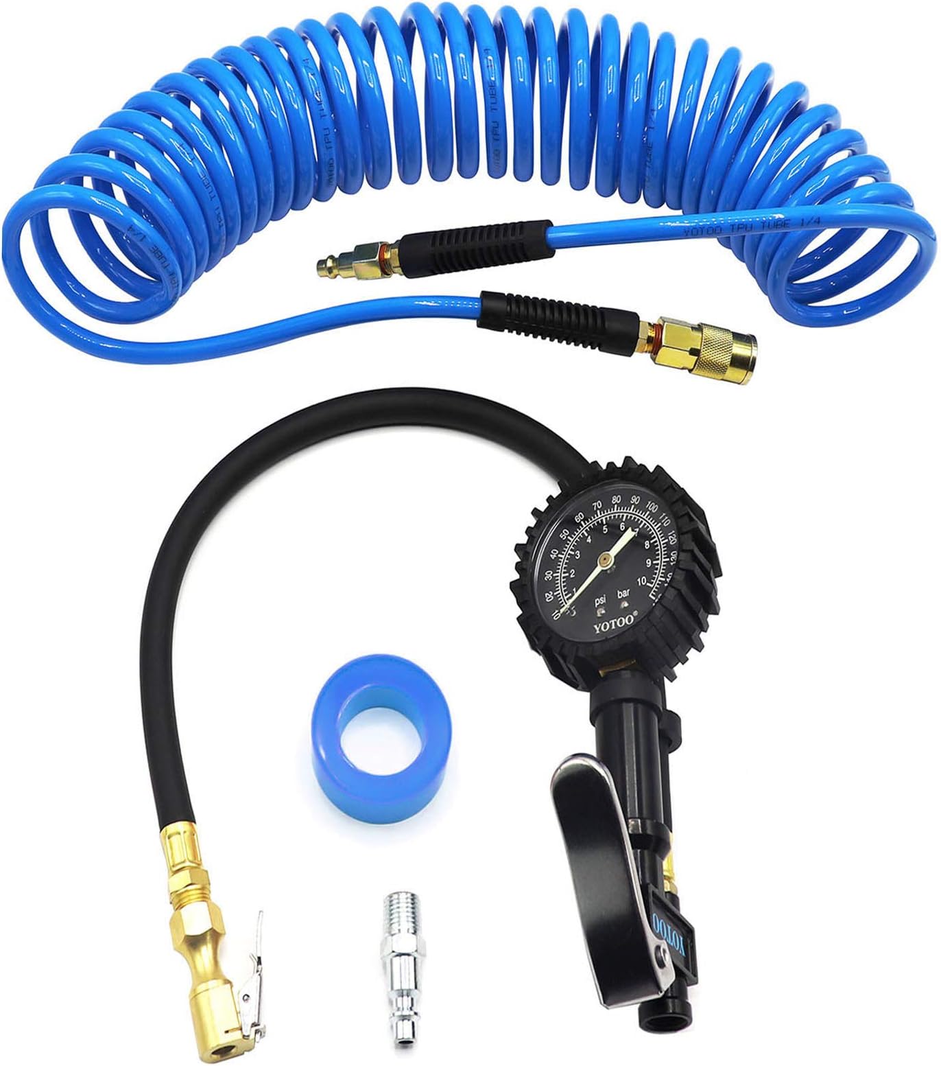YOTOO Recoil Air Hose Kit with Tire Inflator Gauge, 1/4" Industrial Quick Coupler and Plug for tire infaltion and air Tools