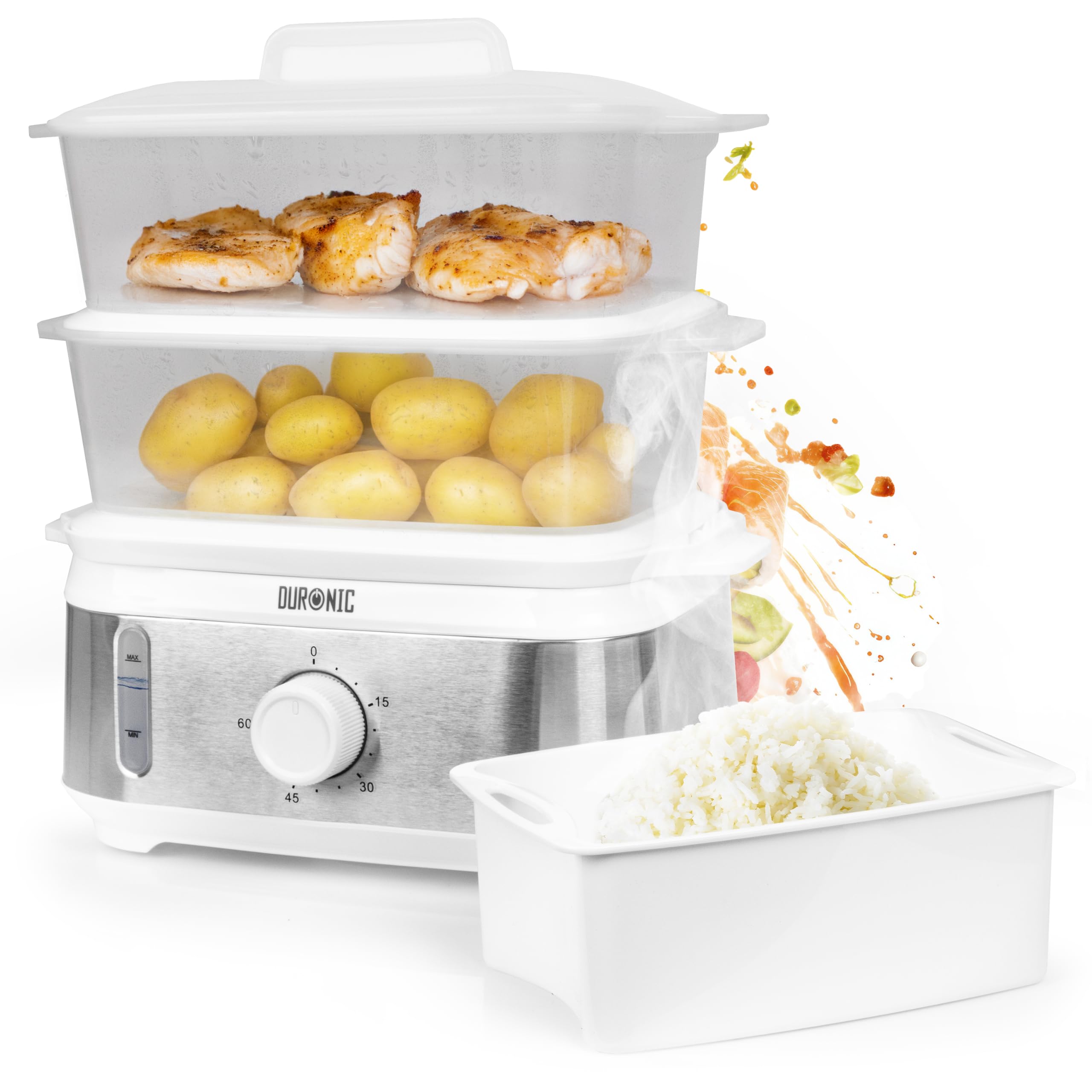 Duronic FS93 WE White Electric Food Steamer, 2-Tier 6L Steam Cooker with Rice Bowl & 60-Min Timer, 950W BPA-Free Countertop Vegetable Steamer for Fish, Meat, Rice, Eggs, Dumplings, Momos & Baby Food
