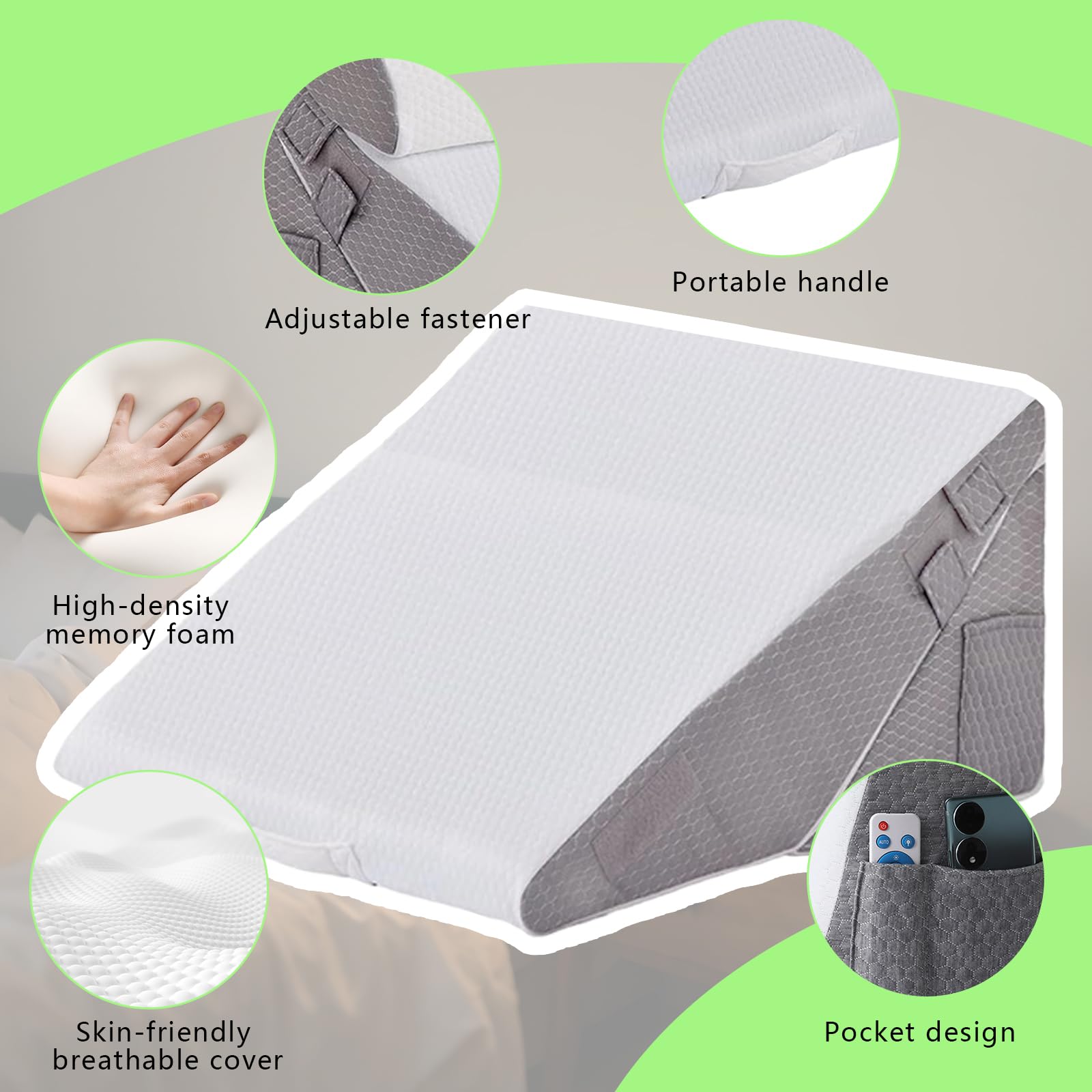 Cojín de espuma viscoelástica de 56 x 56 x 30 cm, almohada de cuña ajustable para reflujo ácido, ronquidos, recuperación postoperatoria, alivio del dolor de espalda y cuello, ideal para leer y