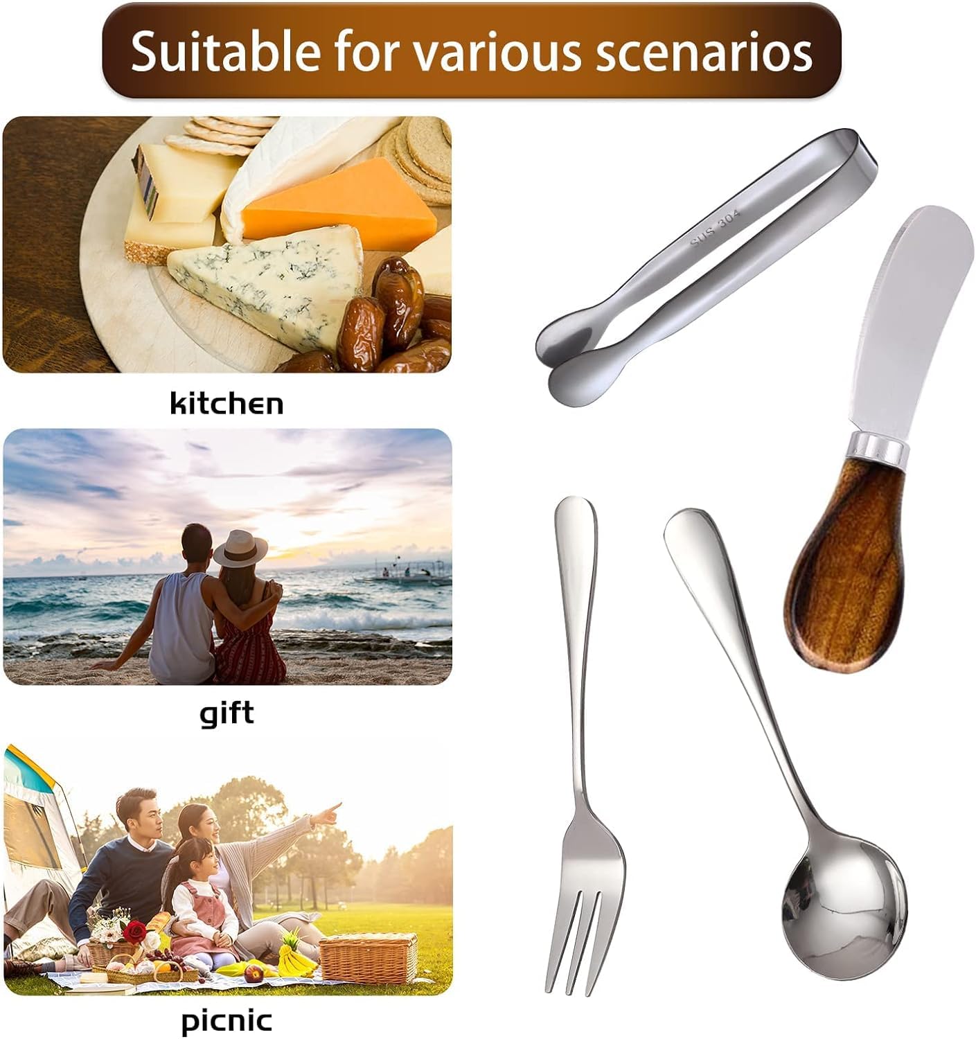 Juego de 14 cuchillos esparcidores de mantequilla de queso, de acero inoxidable, cuchillo de mantequilla con mango de madera, mini pinzas para servir, cuchara y tenedor para queso, mermelada