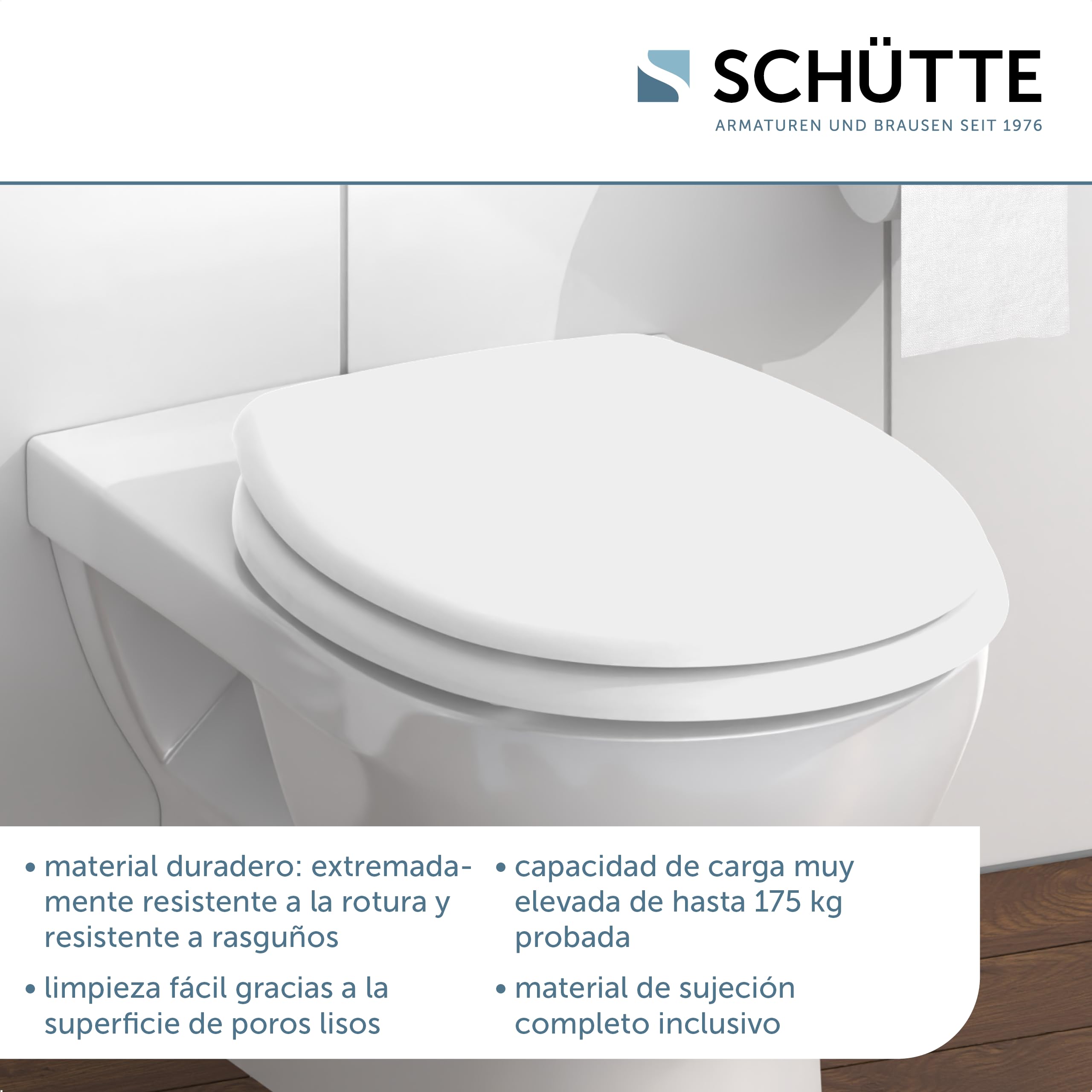 SCHÜTTE Asiento de inodoro sin descenso automático, tapa de inodoro con bisagras metálicas, Duroplástico resistente a los arañazos, tapa y asiento de inodoro con carga máxima de 150 kg, tamaño