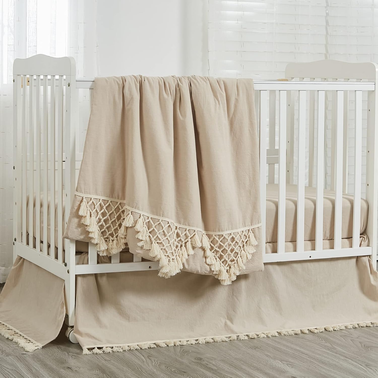 Brandream Gender Neutral Boho Bohemian Baby Girl Boy Nursery Crib Bedding Set 3 Pieces Solid Beige Farmhouse Chic Unisex Minimalist Tassel Fringe Macrame Cozy 100% Cotton with Washed Craft Super Soft