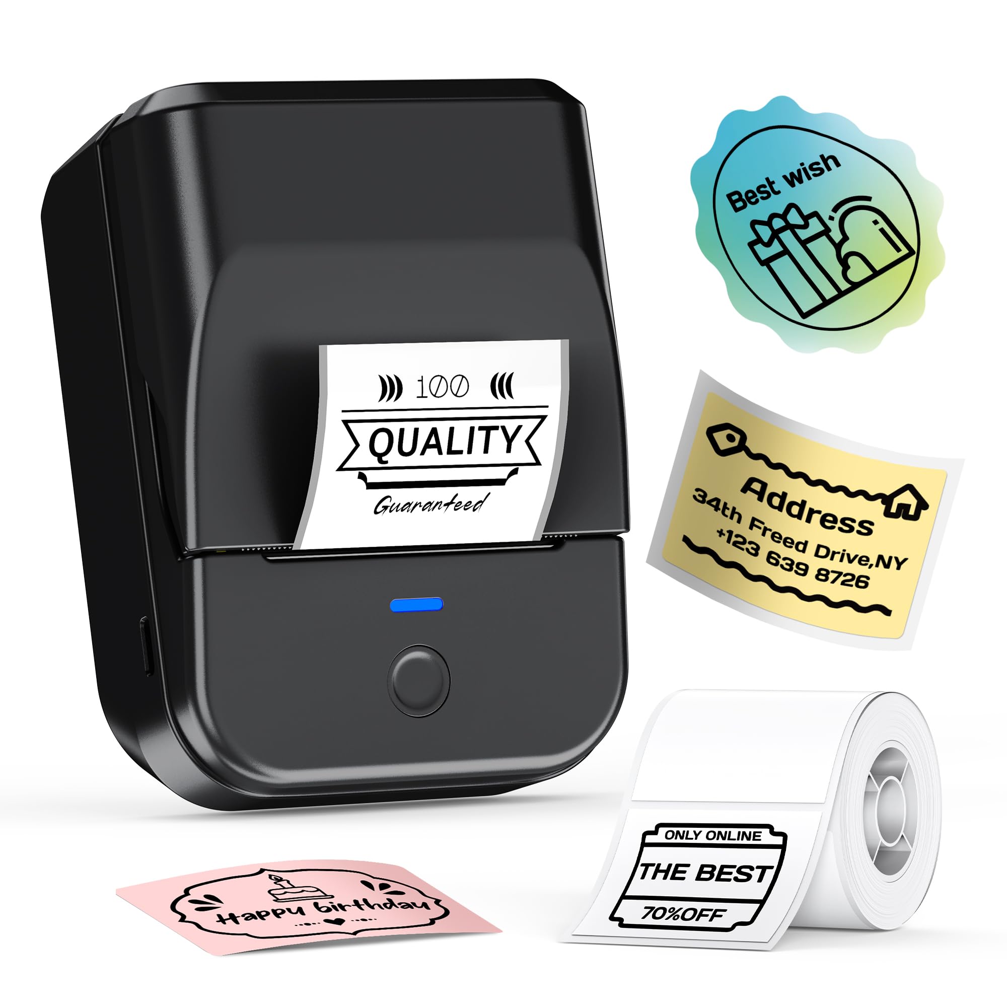 TYPONOS PM240 Label Maker Machine with Tape, 2 Inch Bluetooth Thermal Label Printer, Inkless Portable Sticker Printer with 50x30 Label for Office, School, Home Kitchen Organization, Black
