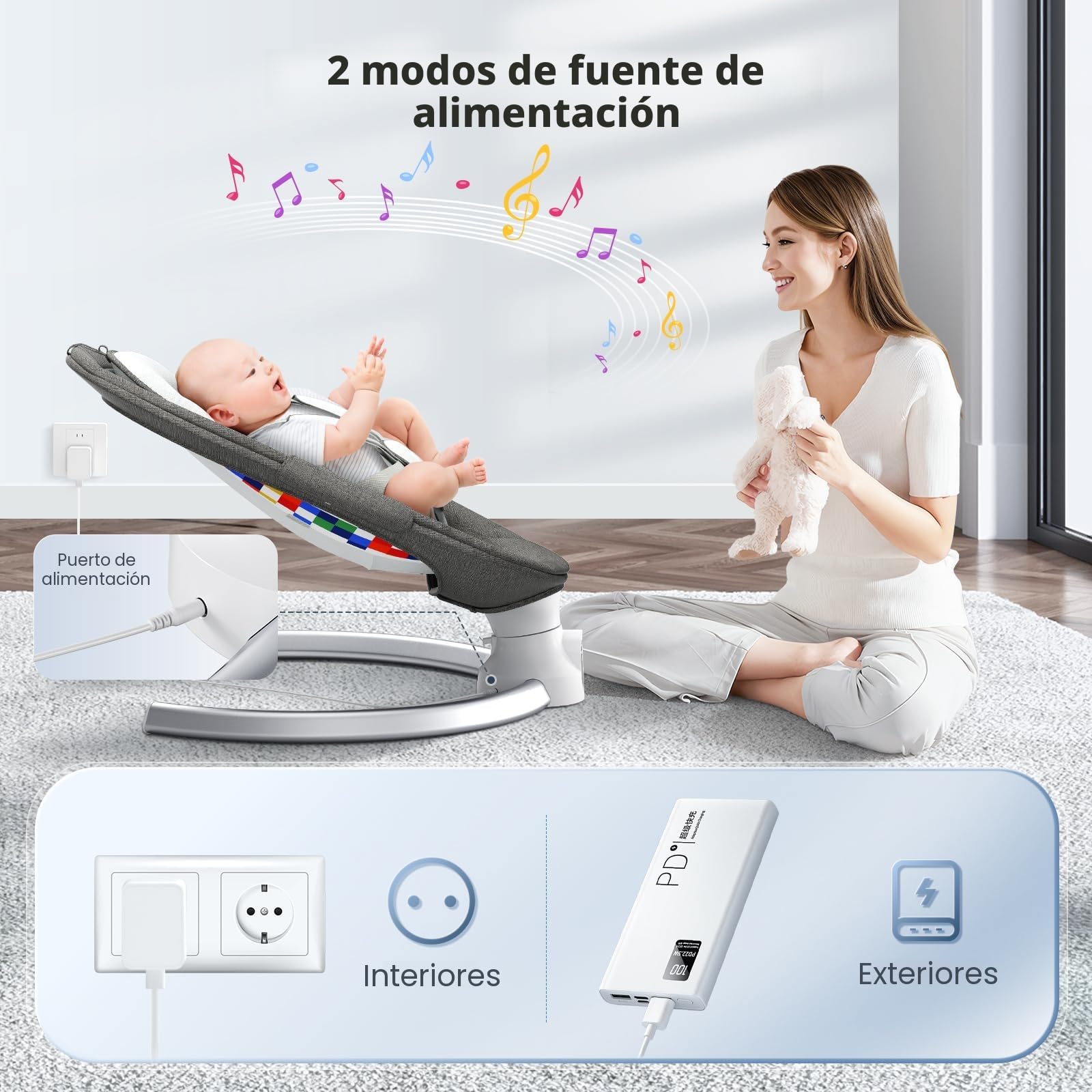 Mecedora Bebe Eléctrica hasta 9 kg, Hamaca Bebé con Bluetooth y Mando a Distancia, Silla Mecedora para Bebe Plegable con Arnés 5 Puntos, Visera Solar y Mosquitera, 10 Canciones