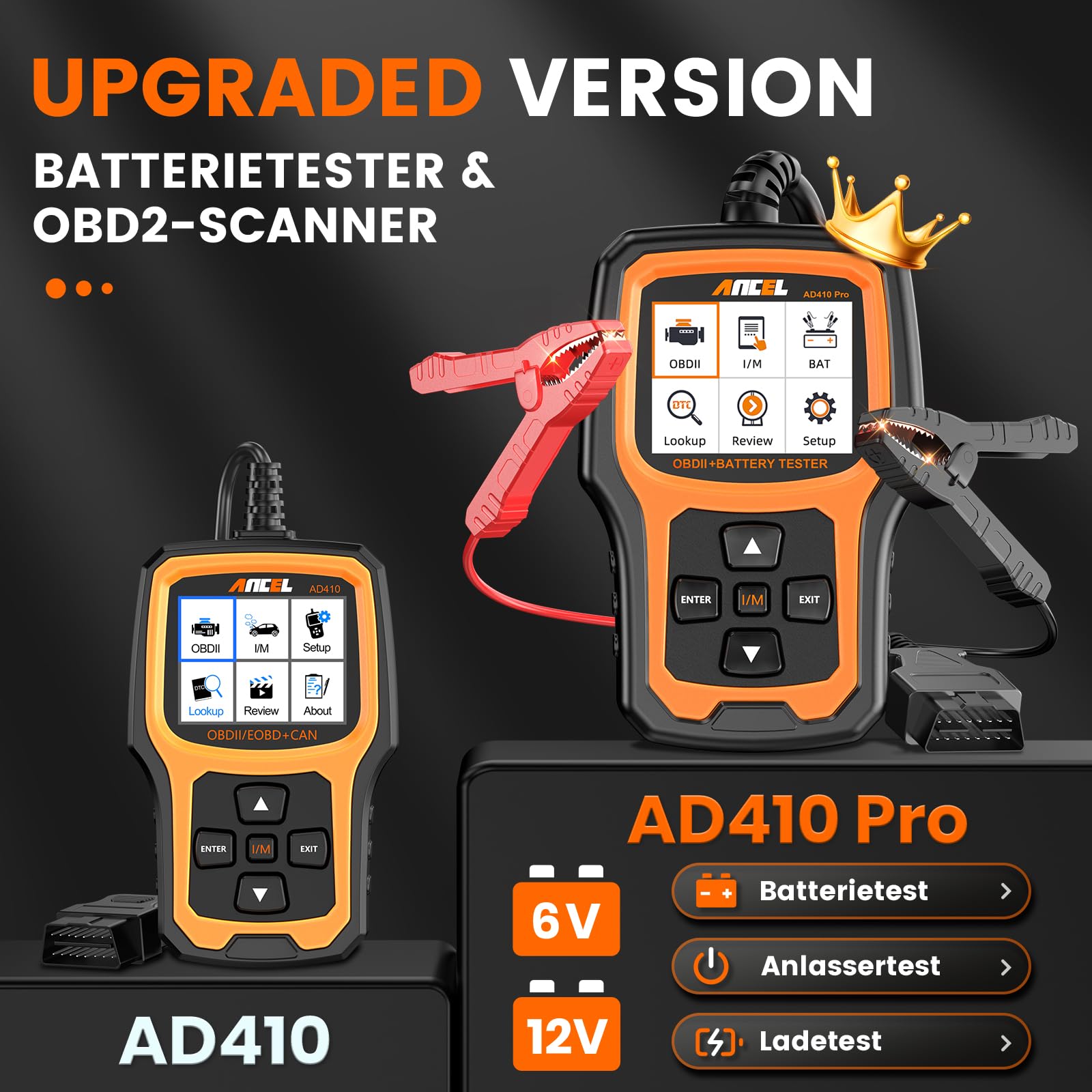 2in1 Auto Diagnosegerät KFZ Batterietester Universal Fehlercode Lesegerät | ANCEL AD410PRO mit Vollen OBD2 Funktionen, 6V 12V 100-2000CCA Autobatterie Tester mit Batterie- Anlasser- und Ladetest
