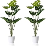 Ensemble de 2 Plantes Artificielles Monstera Deliciosa en Pots, Arbres Tropicaux Fakes avec Feuilles Vertes, Plantes de Sol Faux Fromage Suisse de 32 po pour Porche, Jardin, Magasin, Bureau, Décor Maison