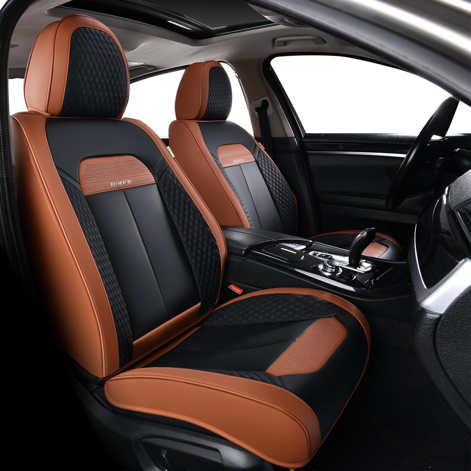 FLORICH Housses de Sièges Avant en Cuir, 2 Pièces Universelles Premium Housses de Sièges Auto Imperméables pour Voitures, Camions, Camionnettes, SUVs (Sièges Avant, Marron&Noir)