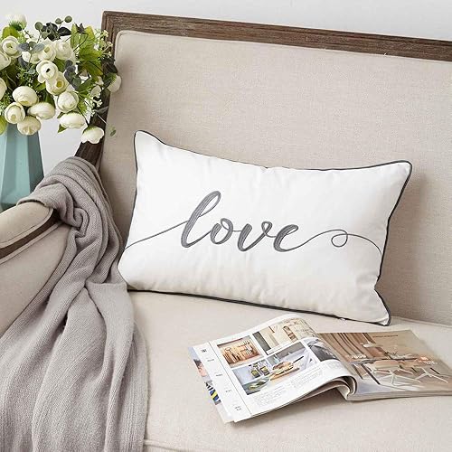 Miniatura 6 de Sanmetex Fundas de almohada decorativas de 12 x 20 pulgadas, funda de almohada lumbar de algodón suave bordada, funda de cojín rectangular gris para