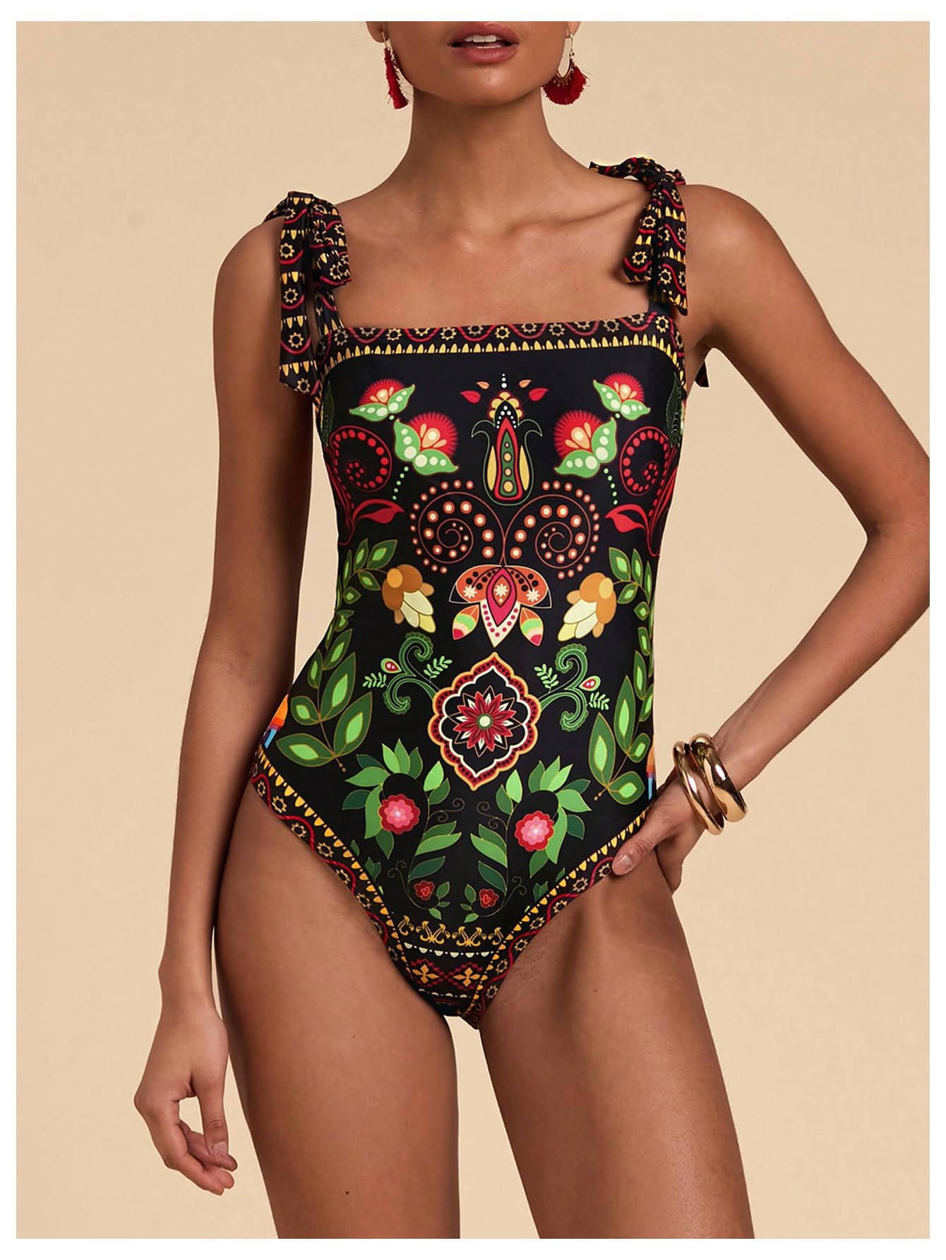 Floerns Costume da bagno intero da donna con stampa tropicale e spalle annodate