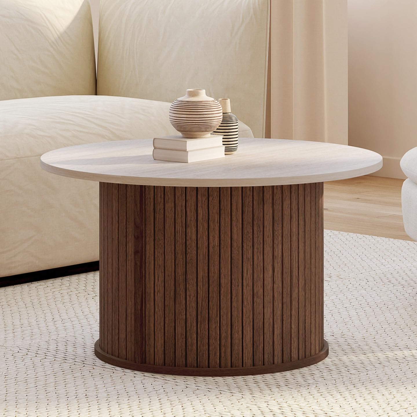 IDMarket - Table Basse Ronde Juliette 70 cm Lattes Effet Noyer et Plateau travertin