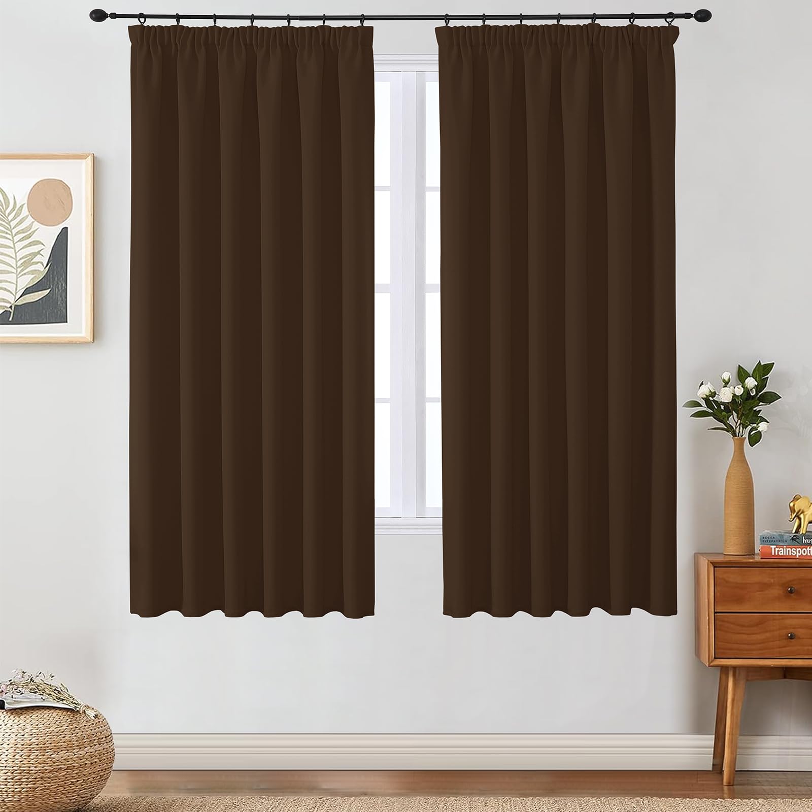 VEHEDE Short Curtains for Small Window – Pencil Pleat Blackout Drapes, Thermal Insulated, Brown, W46 x L63 Inch, 2 Panels