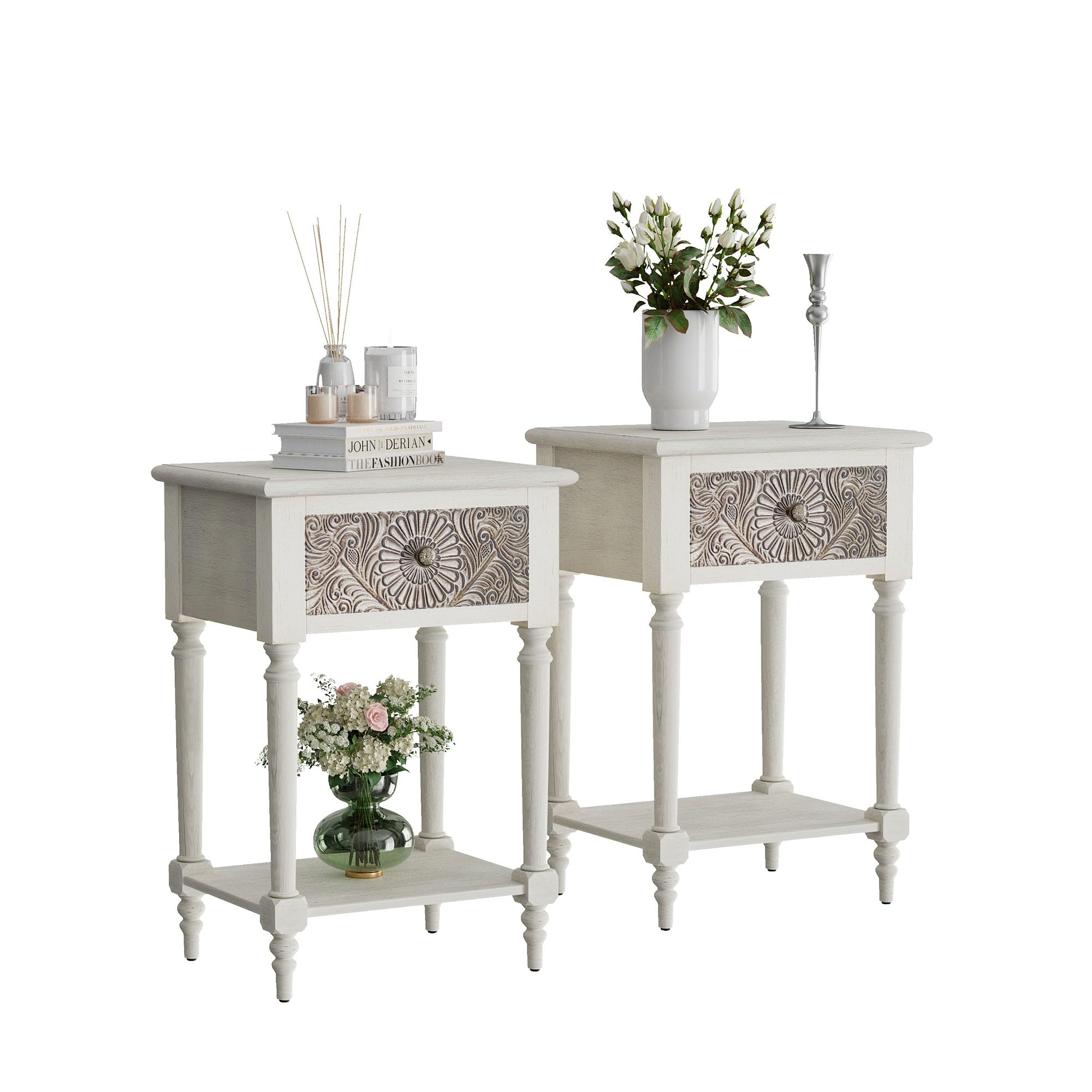 HOMPUS End Table Set of 2 with Drawer and Shelf, Vintage Nightstand Set 2 w Pattern Drawer, White Bedside Table, Accent Nightstand Organizer for
